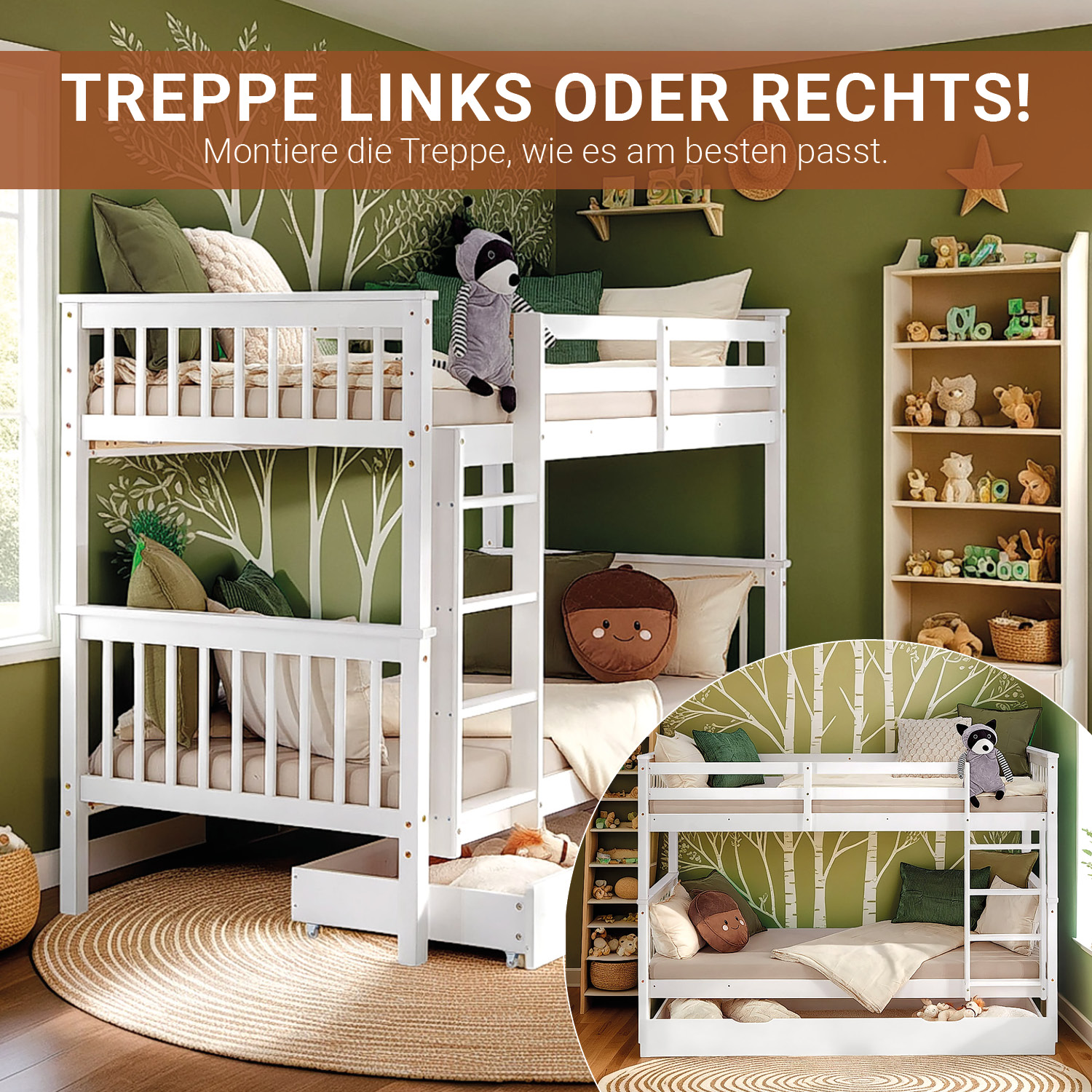 Bunk Bed 90x200 cm White | Kids Bed with Mattress | Storage | Fall Protection | Convertible | Massif pine wood