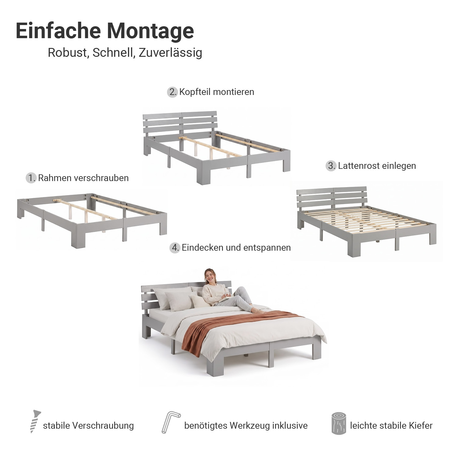 Wood Bed 160x200 cm Grey | Double Bed | with 2 Mattress | Solid | Kids Youth Guest Bedroom