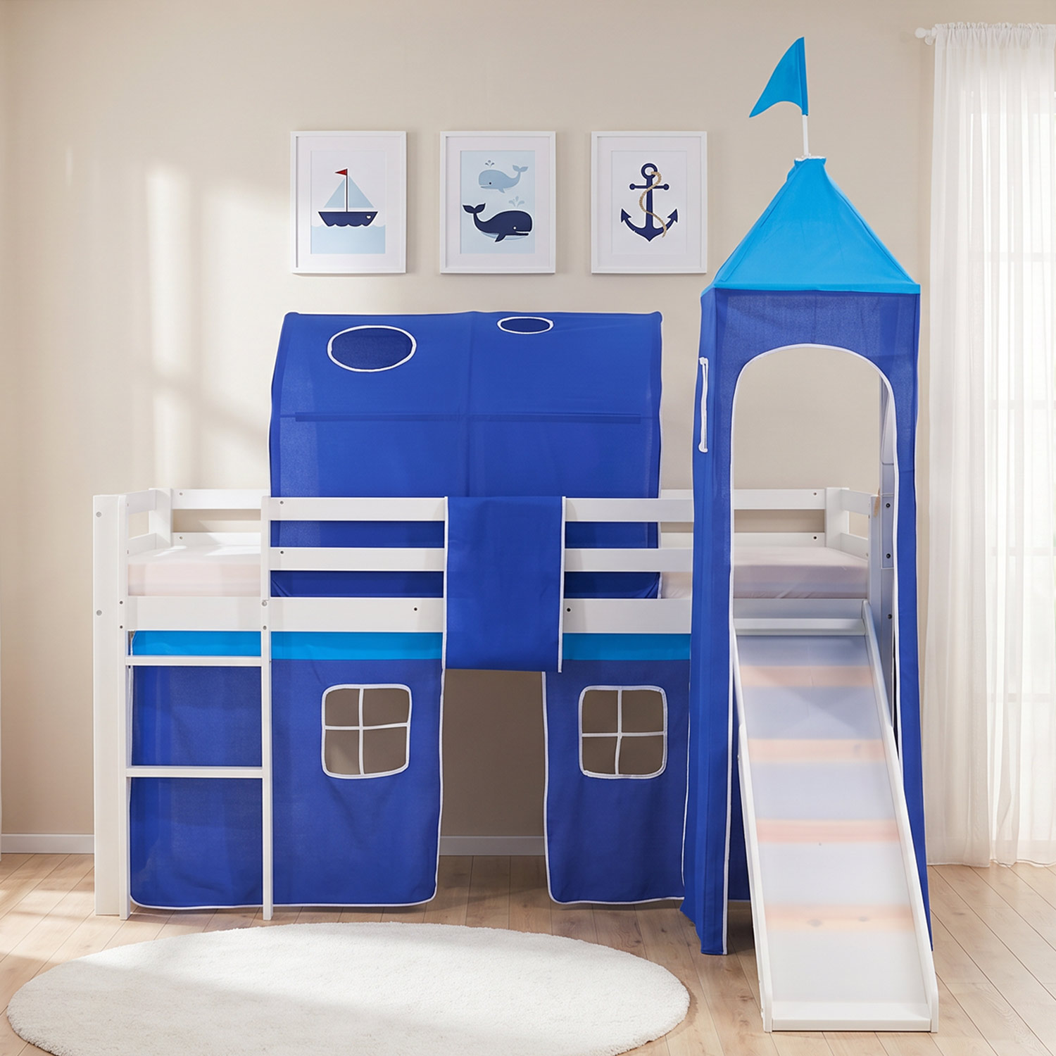 Children's Loft Bed 90x200 cm White with Blue Curtain | Slide | Tower | Tunnel | With Slatted Base | With Mattress
