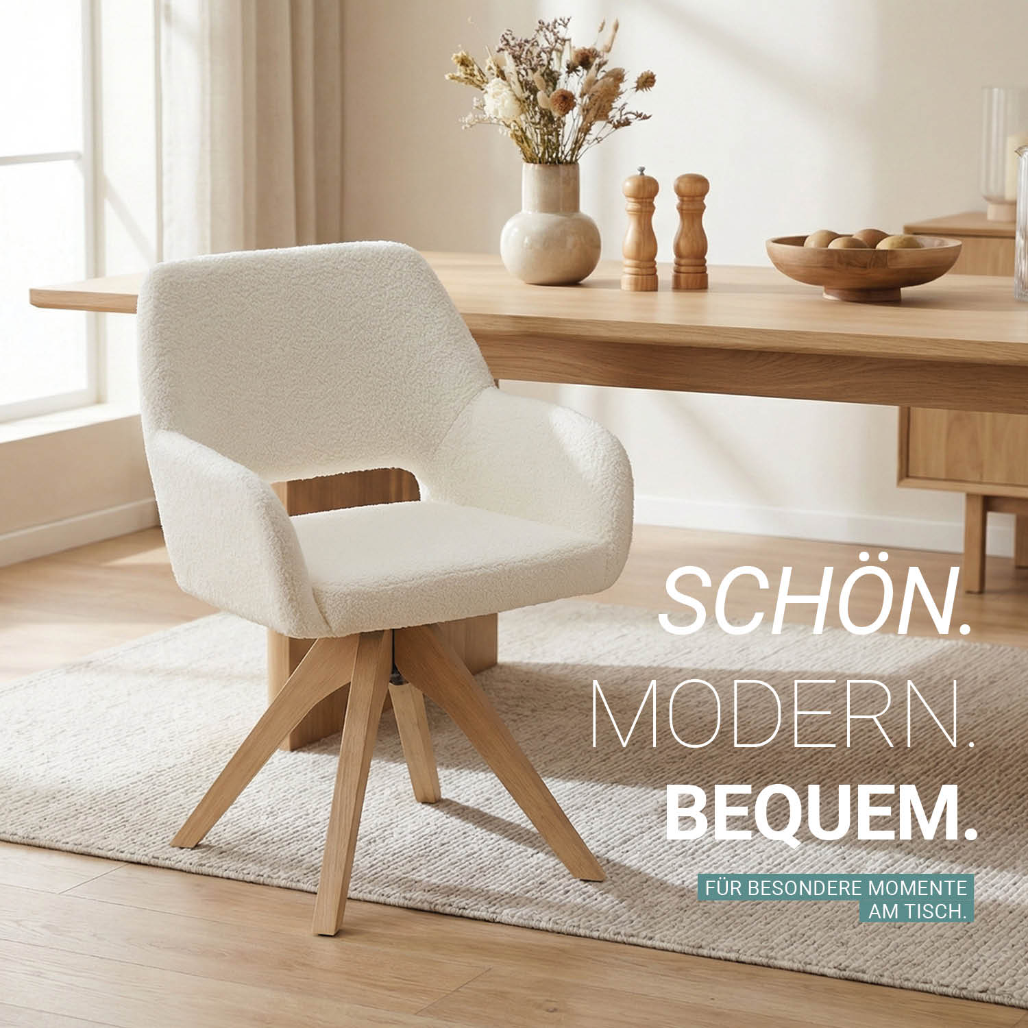 Esszimmerstühle Drehbar Set 6 Stühle für den Esstisch Drehstuhl mit Armlehne Teddystoff Weiß Polsterstühle Sessel Modern