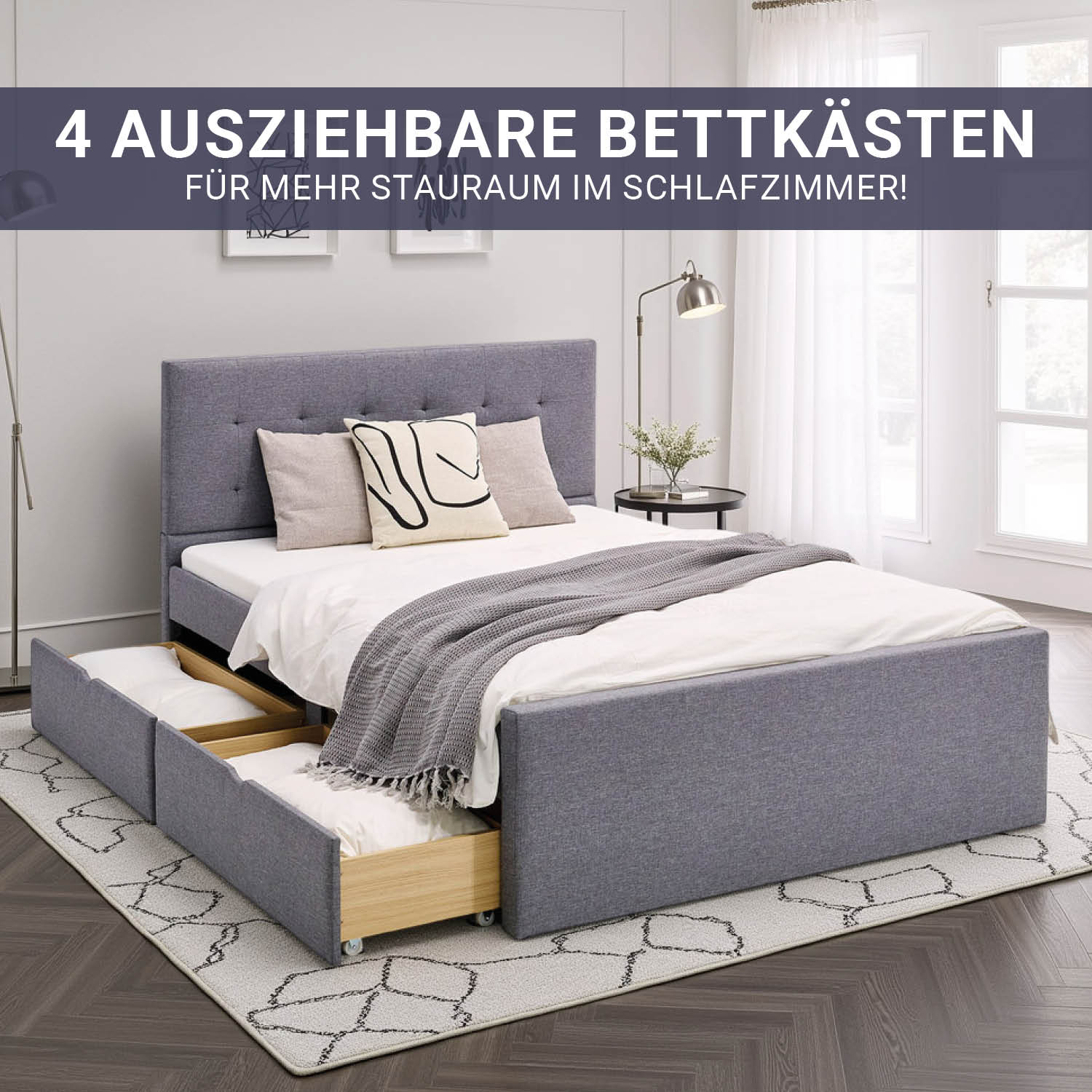 Upholstered bed 140x200 cm grey | with slatted frame | with 4 bed drawers | double fabric bed frame