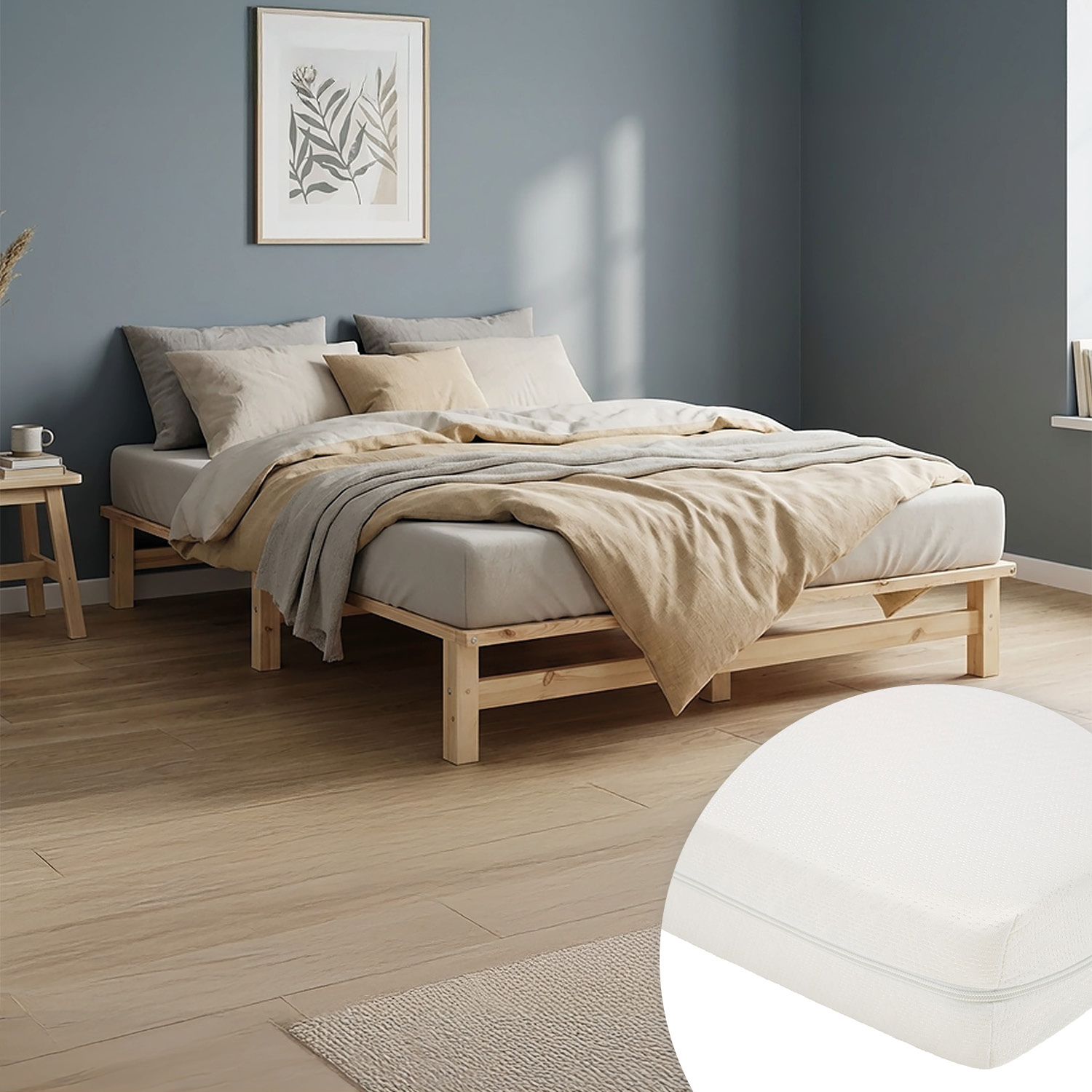 Holzbett mit Holzelementen und Matratze. Das Bett ist mit Matratze, Bettwäsche und mehreren Kissen vor weißem Hintergrund abgebildet. Der Rahmen und die kurze Unterkonstruktion sind sichtbar.