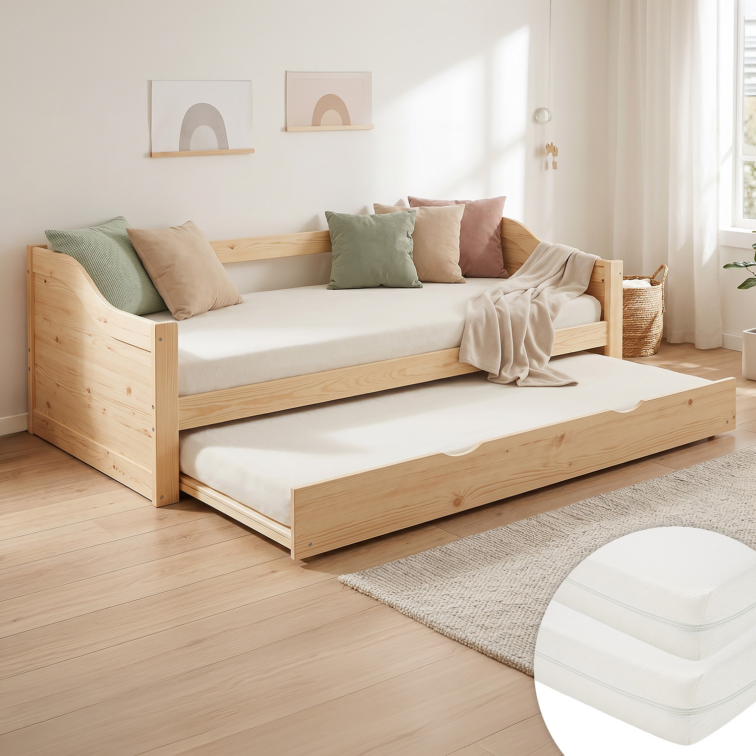 Wood Bed 90x200 cm Natural | Extendable | Cabin Bed | with Mattress | Kids Youth Guest Bedroom