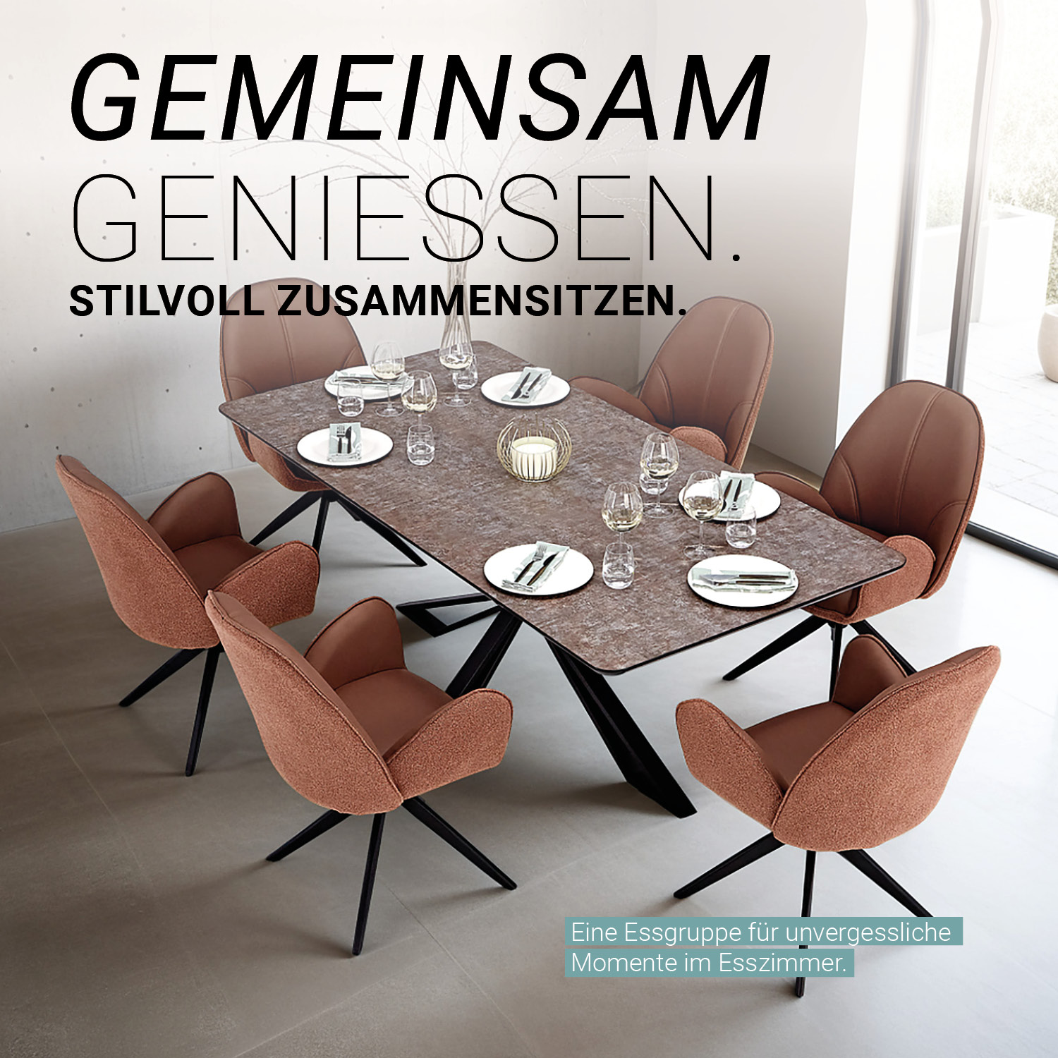 Modern Dining Table 200x100 cm Brown Black with 6 Bouclé Leather Chairs Dining Room Table 8 Seater Industrial Look