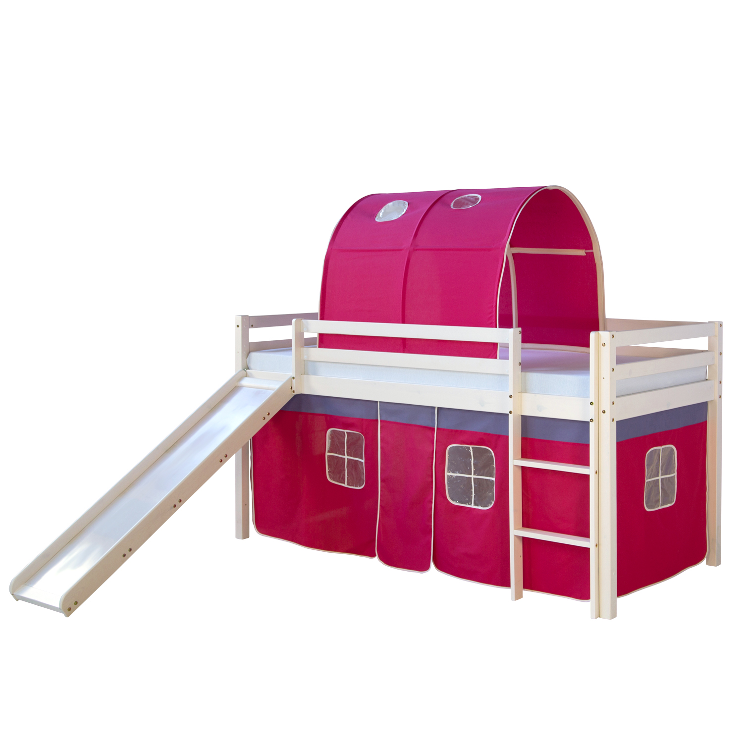 Loft Bed Kids 90x200 cm White with Curtain in Pink | Tunnel | Slide | without Slatted Frame Loft Bed Kids 90x200 cm White with Curtain in Pink | Tunnel | Slide | without Slatted Frame