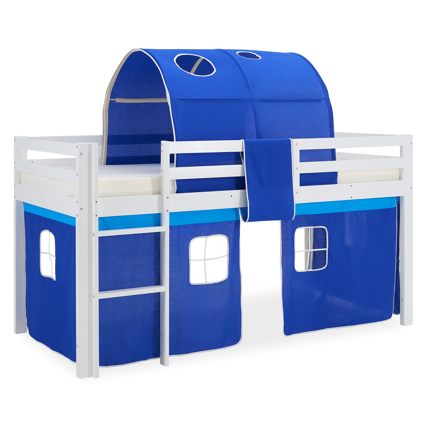 Loftbed 90x200 cm Bunk bed Childrens bed Solid Pine Wood Tower Tunnel Curtain Blue Slide Mattress Slats