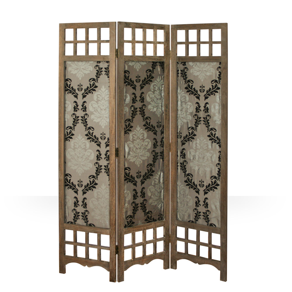 Brown folding screen with gray fabric and ornamental pattern – 3-panel, elegant wooden room divider and privacy screen