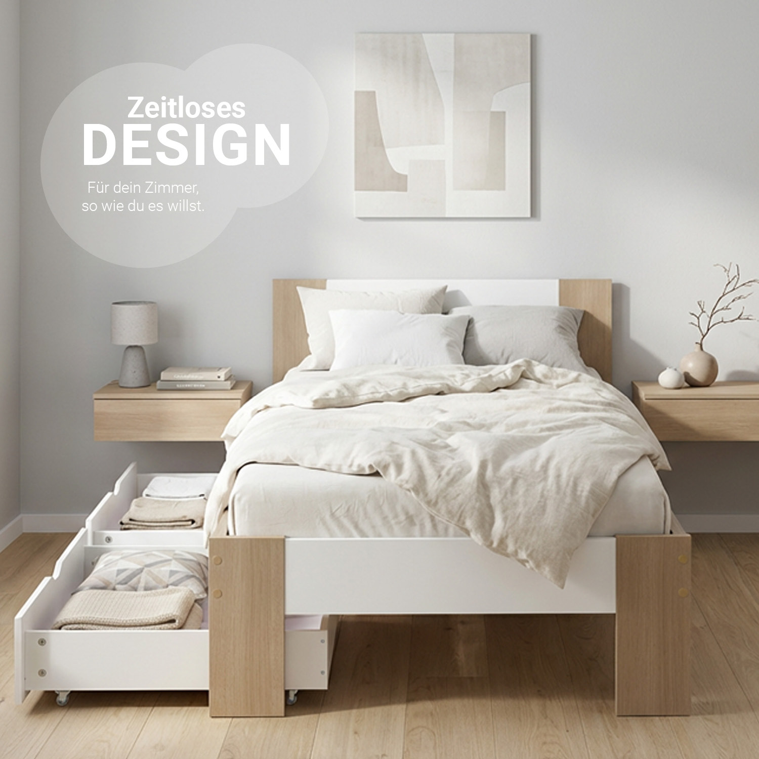 Holzbett 90x200 mit 2 Bettkästen Bett Eiche Braun Weiß Holzbett Bettgestell Jugendbett Einzelbett Matratze Lattenrost