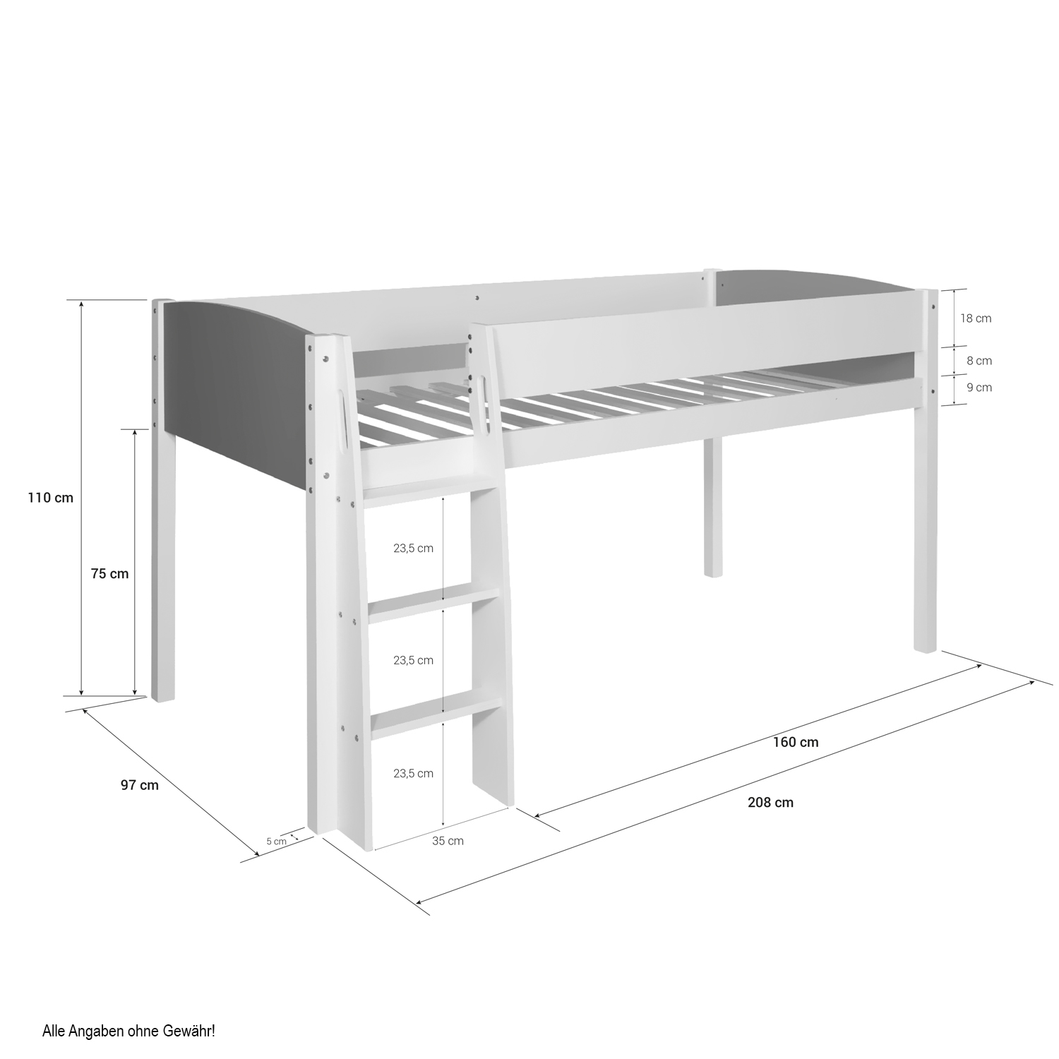 Loft Bed Kids 90x200 cm White | Modern Ladder | without Slatted Frame
