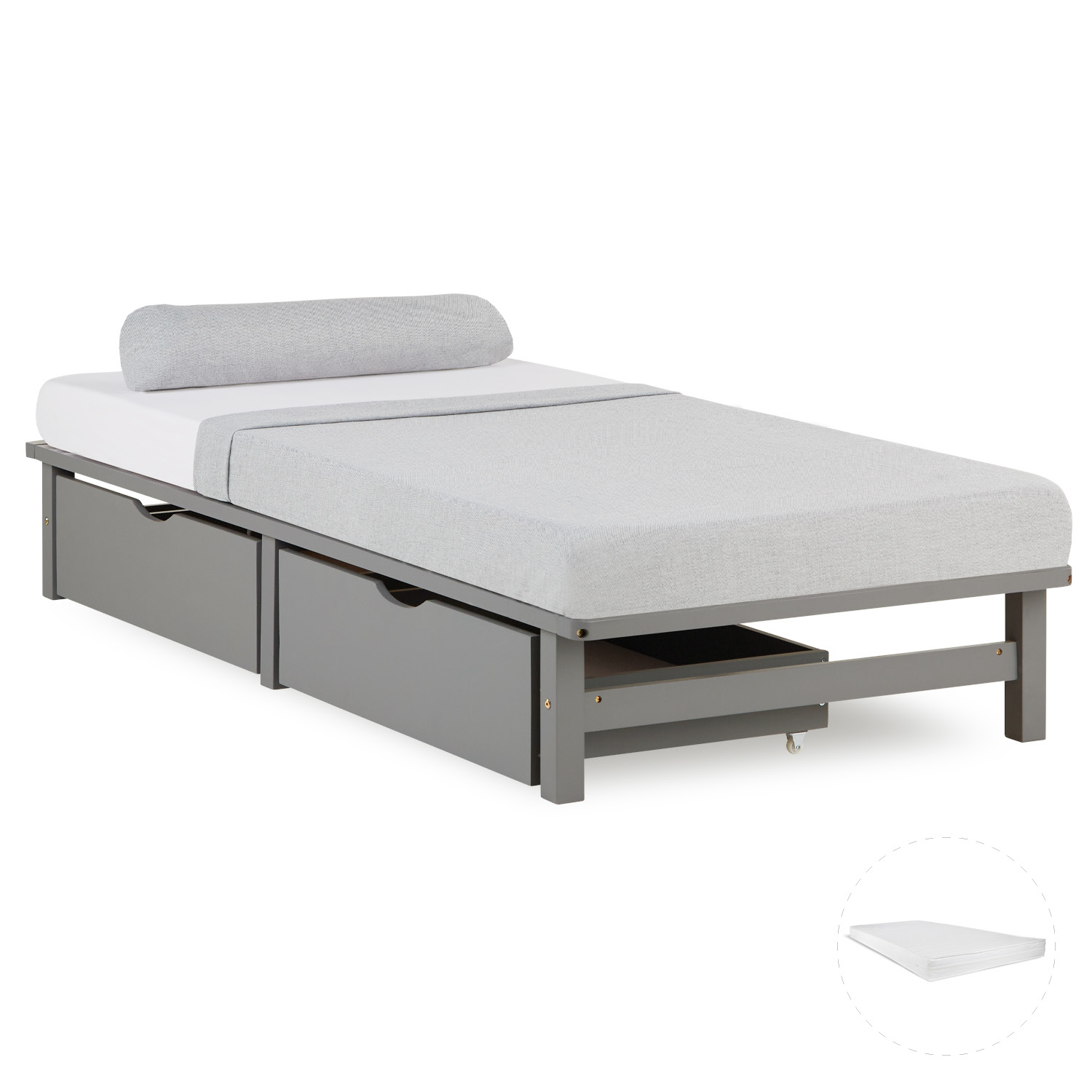 Einzelbett in Grau mit Holzelementen, Matratze und Stauraum. Das niedrige Bett ist mit einer Matratze und einer länglichen Polsterrolle vor weißem Hintergrund abgebildet. Die offenen Rahmenseiten und die Beine sind sichtbar. Unter der Liegefläche sind zwe