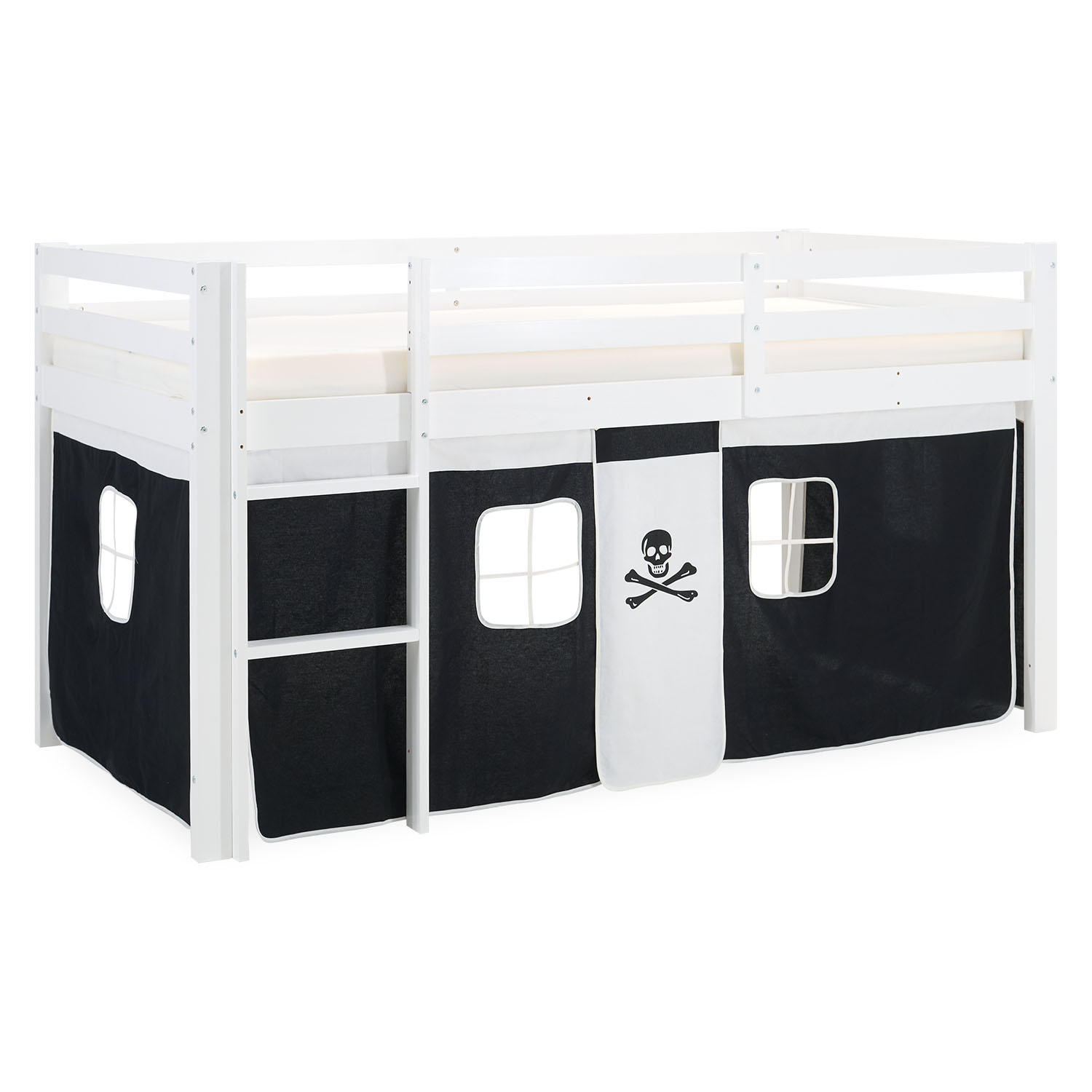 Children's Loft Bed 90x200 cm White with Black Curtain | Without Slatted Base | Pirate | Bed for Boys