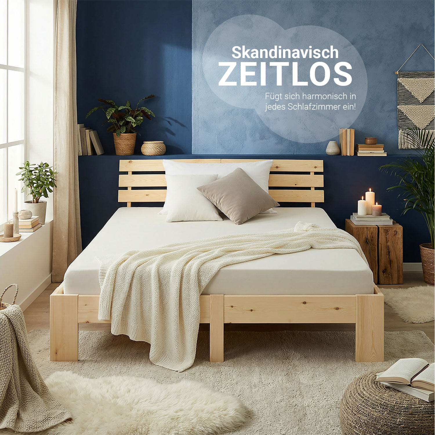 Wood Bed 180x200 cm Natural | Double Bed | with Spring Mattress | Solid | Youth Guest Bedroom