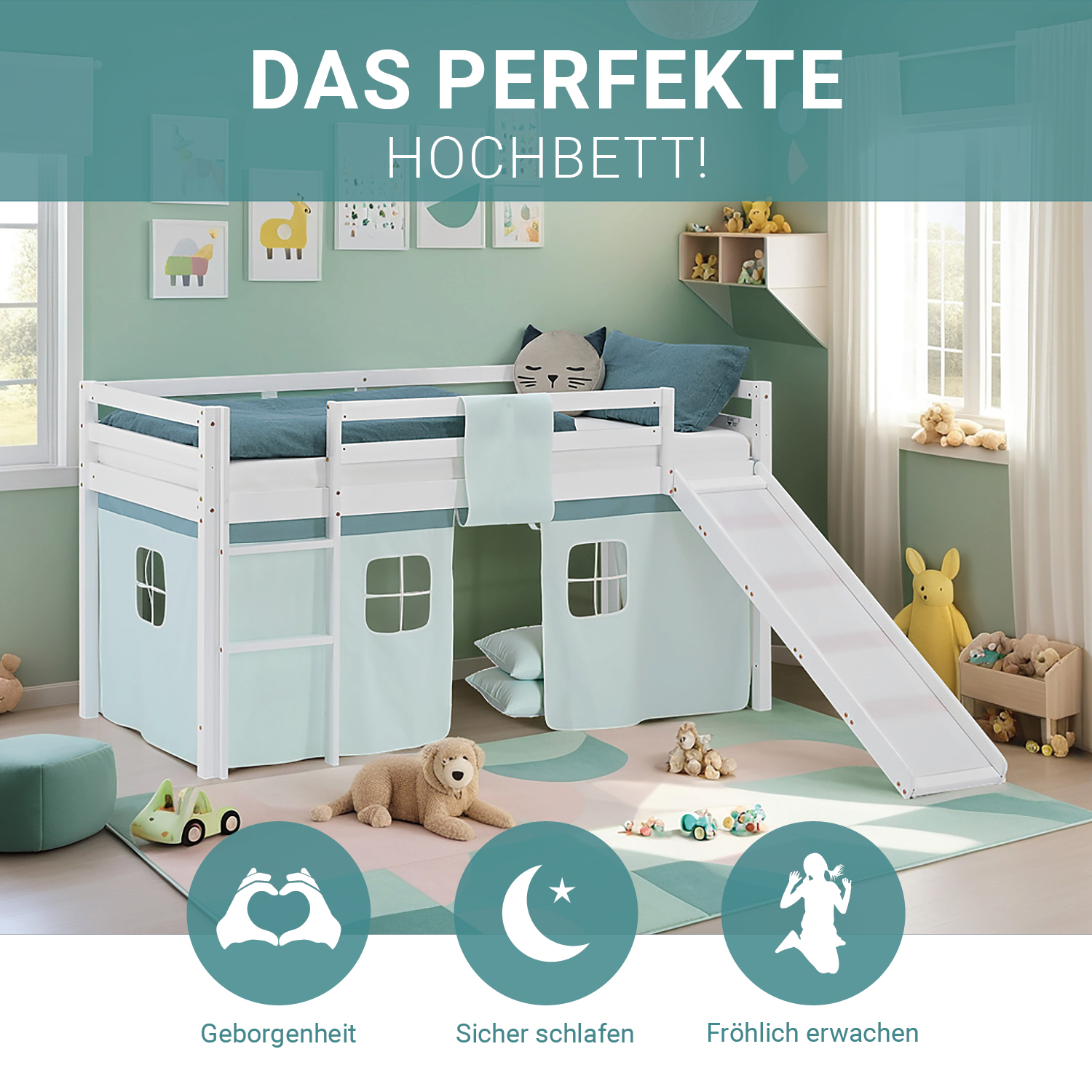 Loft Bed for Kids 90x200 cm White with Curtain in Mint Green | Slide | with Slatted Frame and Mattress