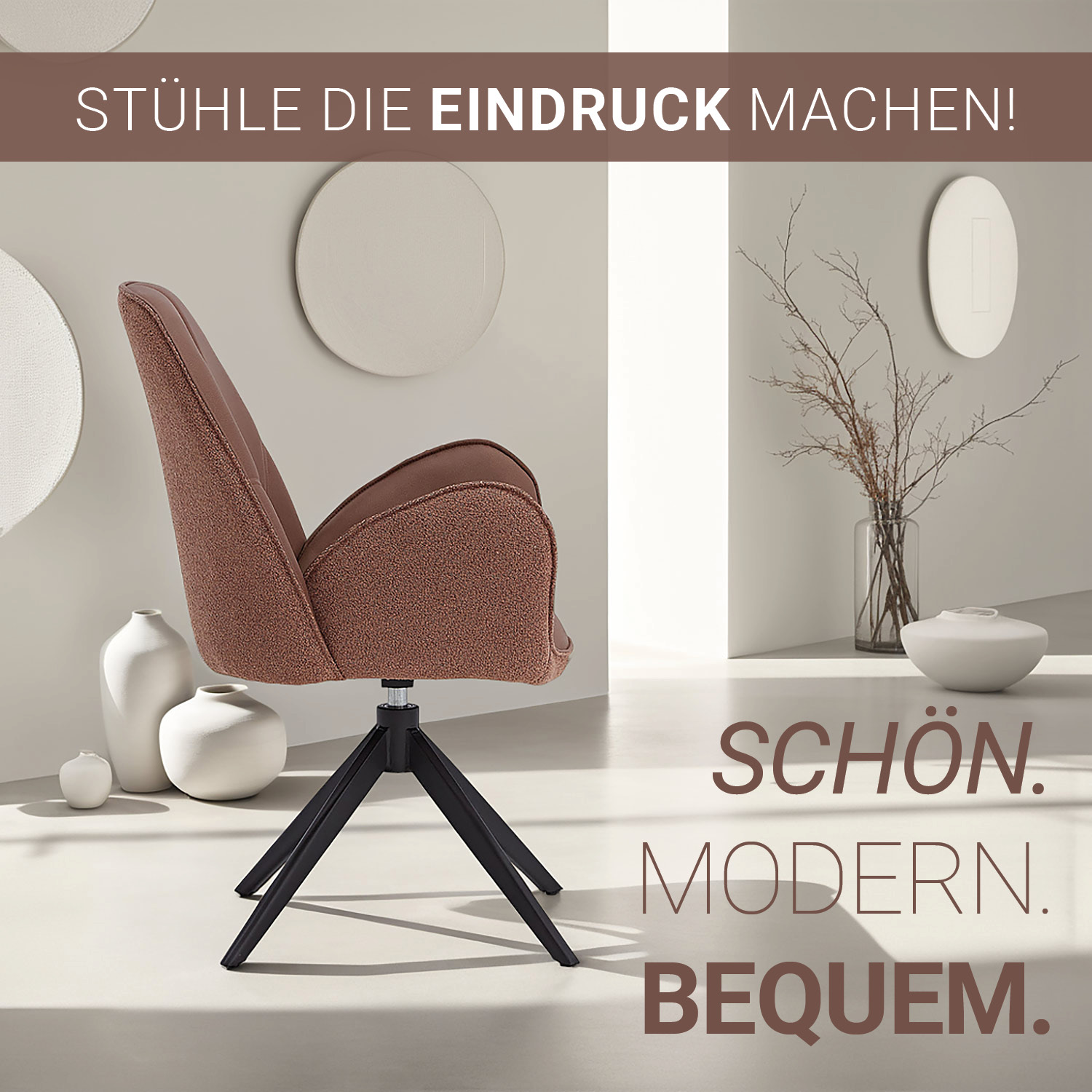 Upholstered Chair Bouclé Leather Brown | single | swivel | with Armrests | Kitchen Dining Room Office