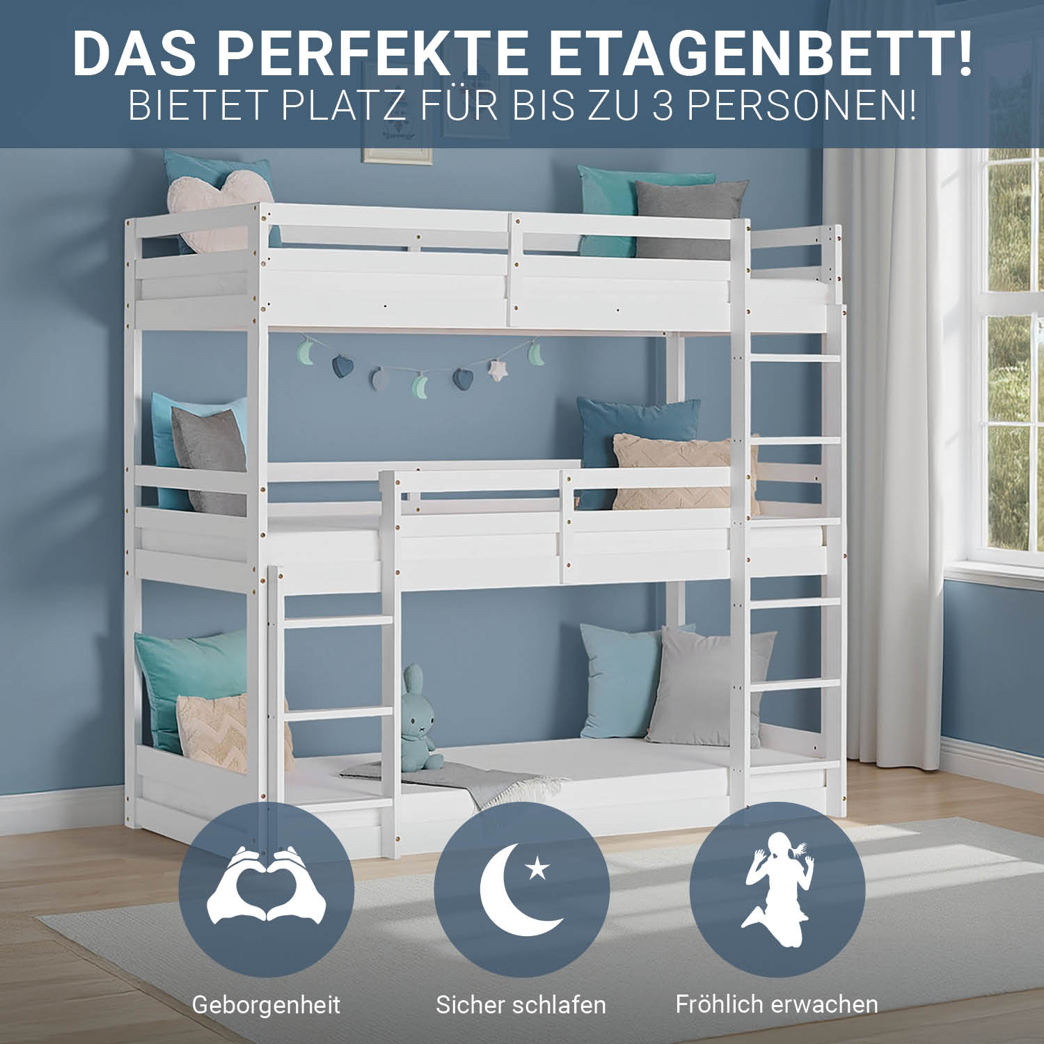 Triple Bunk Bed 90x200 with Mattresses Children´s Bed High Sleeper Cot White Wood Loft Bed Kids Bed