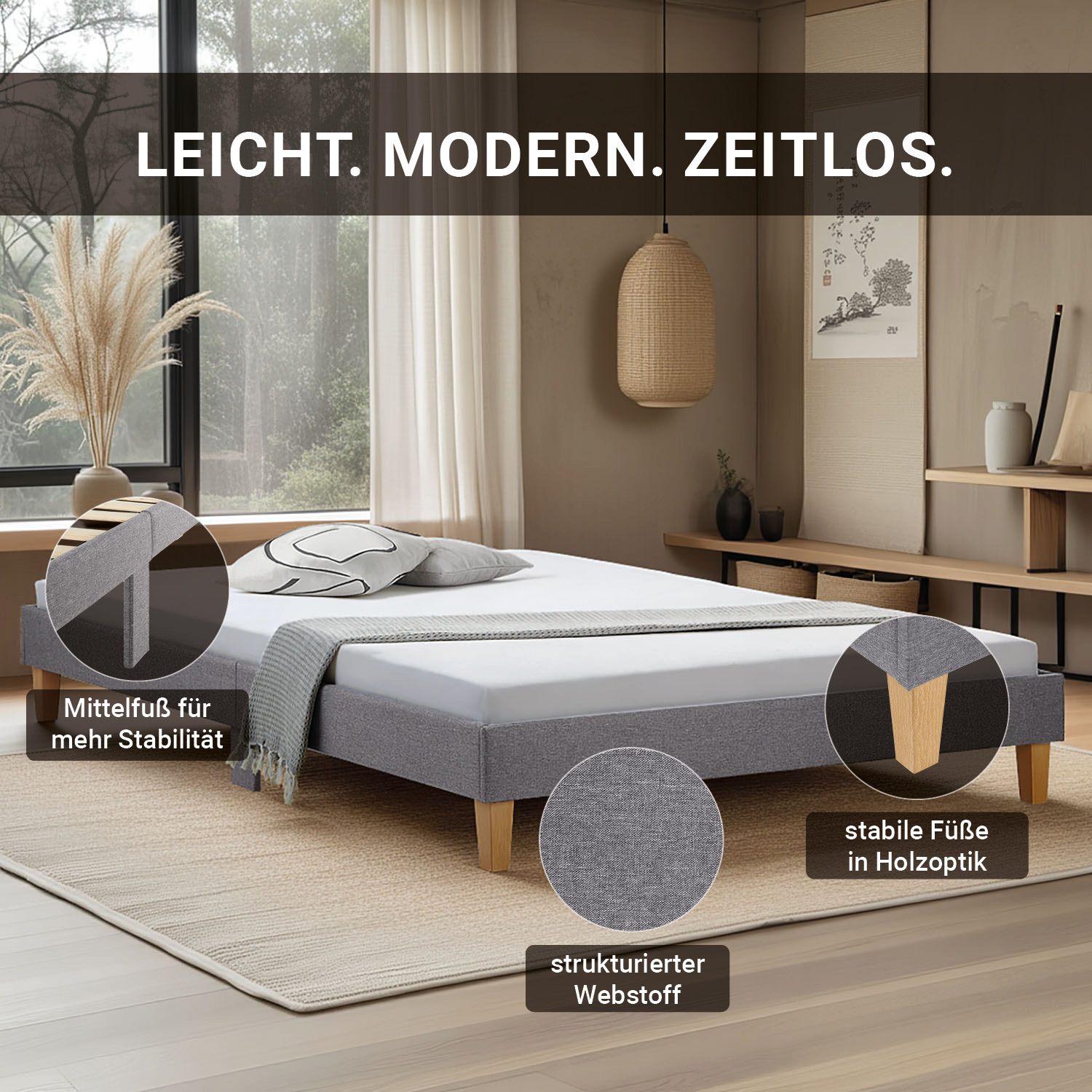 Upholstered Bed 160x200 cm Gray – Modern Futon Bed with Slatted Base | Minimalist Double Fabric Bed