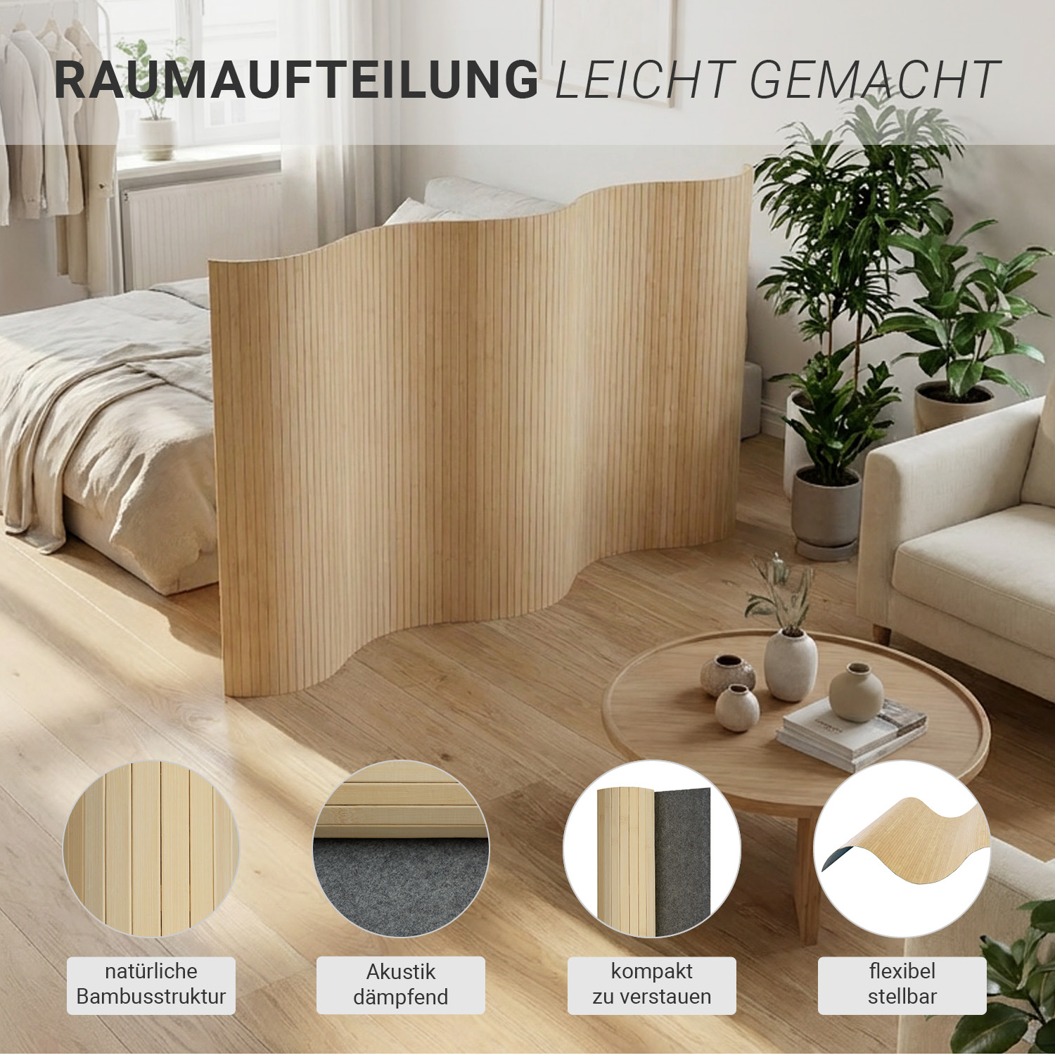 Paravent Bamboo Height 145 cm Nature | Room Divider | Partition Privacy Screen