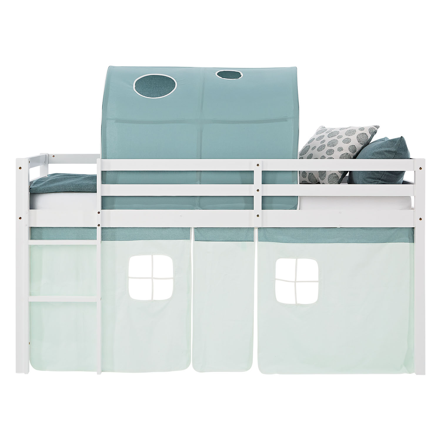 Loft Bed for Kids 90x200 cm White with Curtain in Mint Green | Tunnel | with Slatted Frame and Mattress