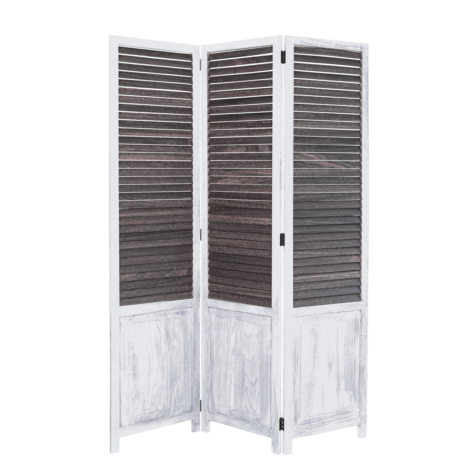 Paravent Shabby White Brown Wooden Slats | 3-panel | Wood | Room Divider Partition Privacy Screen