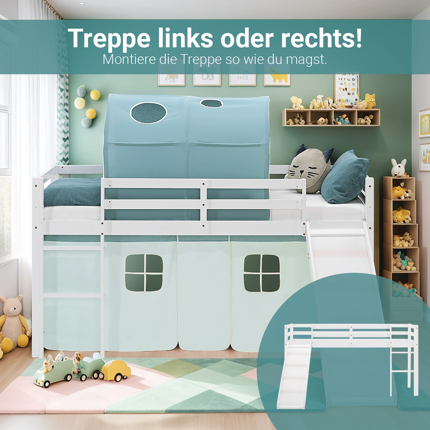 Loft Bed for Kids 90x200 cm White with Curtain & Tunnel in Mint Green | Slide | with Slatted Frame and Mattress