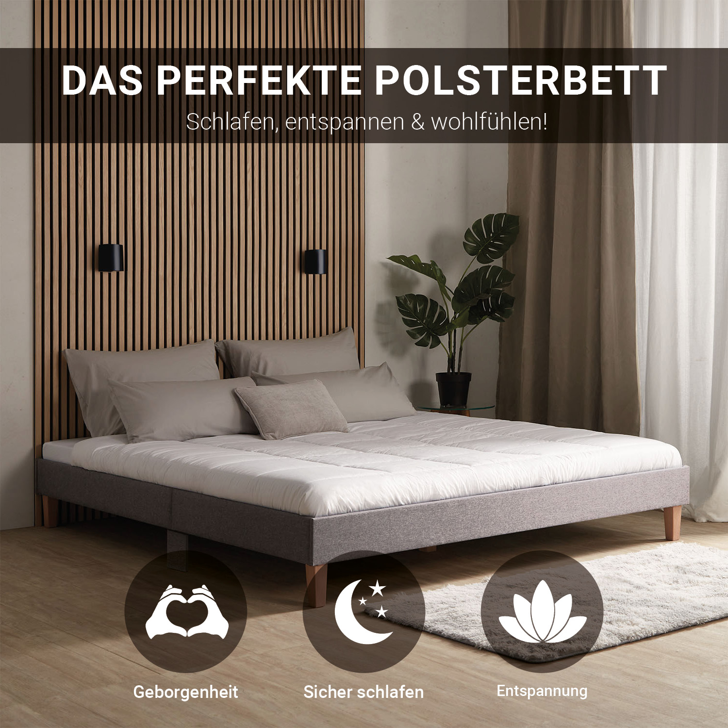 Modern low-profile bed frame with fabric upholstery and solid wood legs – Minimalist design for stylish bedrooms