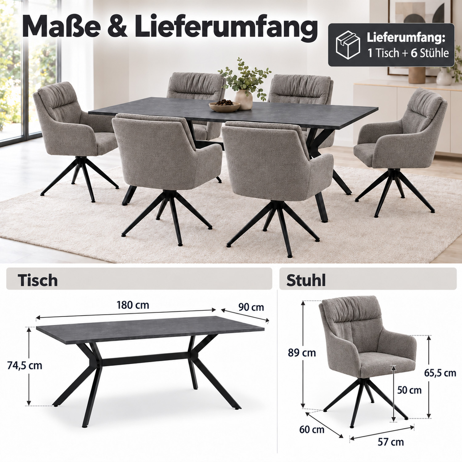 7-piece dining set: swivel upholstered chairs in gray with armrests & anthracite dining table (180 x 90 cm) with metal frame
