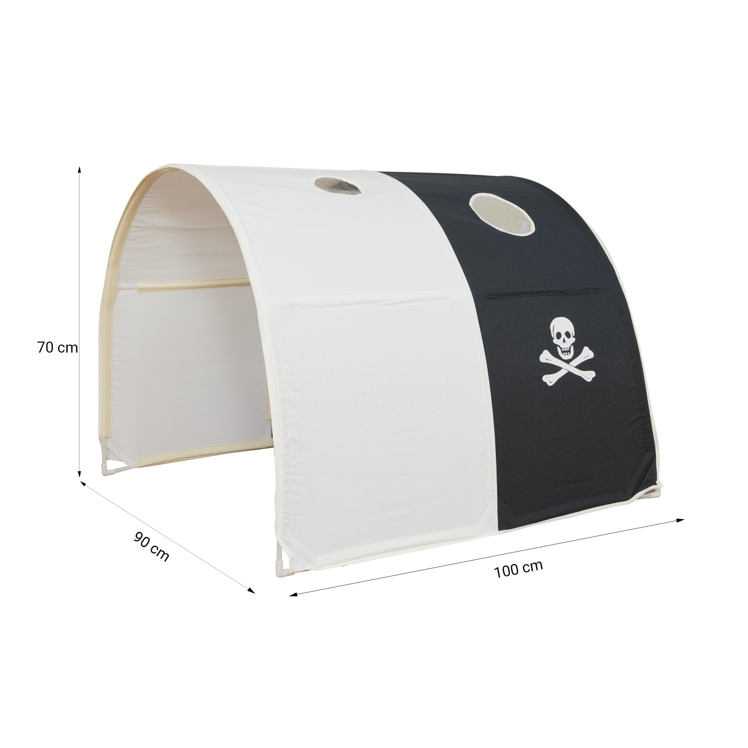 Loft Bed Kids 90x200 cm White with Curtain in Black | Tunnel | Tower | Slide | with Slatted Frame