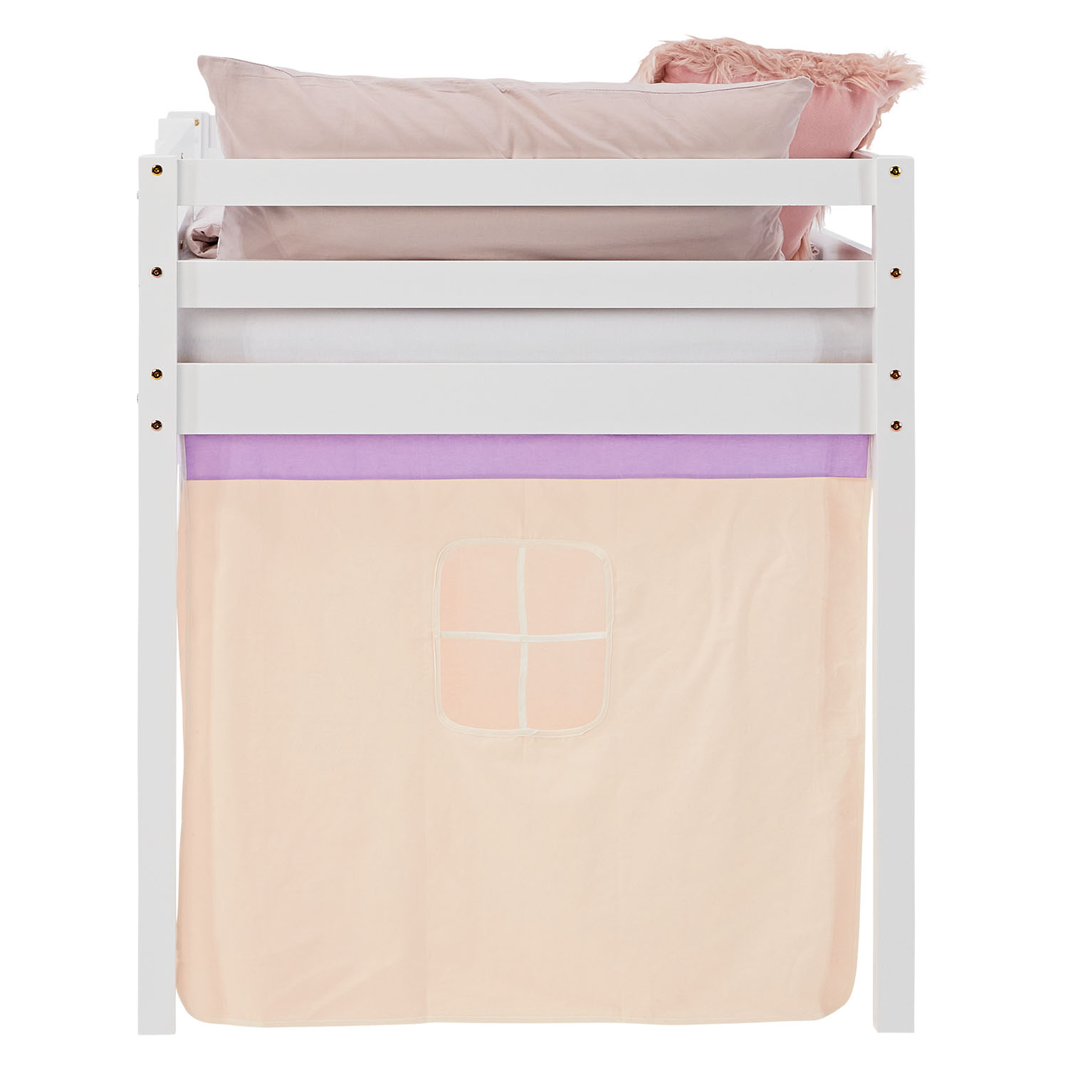 Children's Loft Bed, 90x200 cm, White with Purple-Beige Curtain | Without Slatted Base
