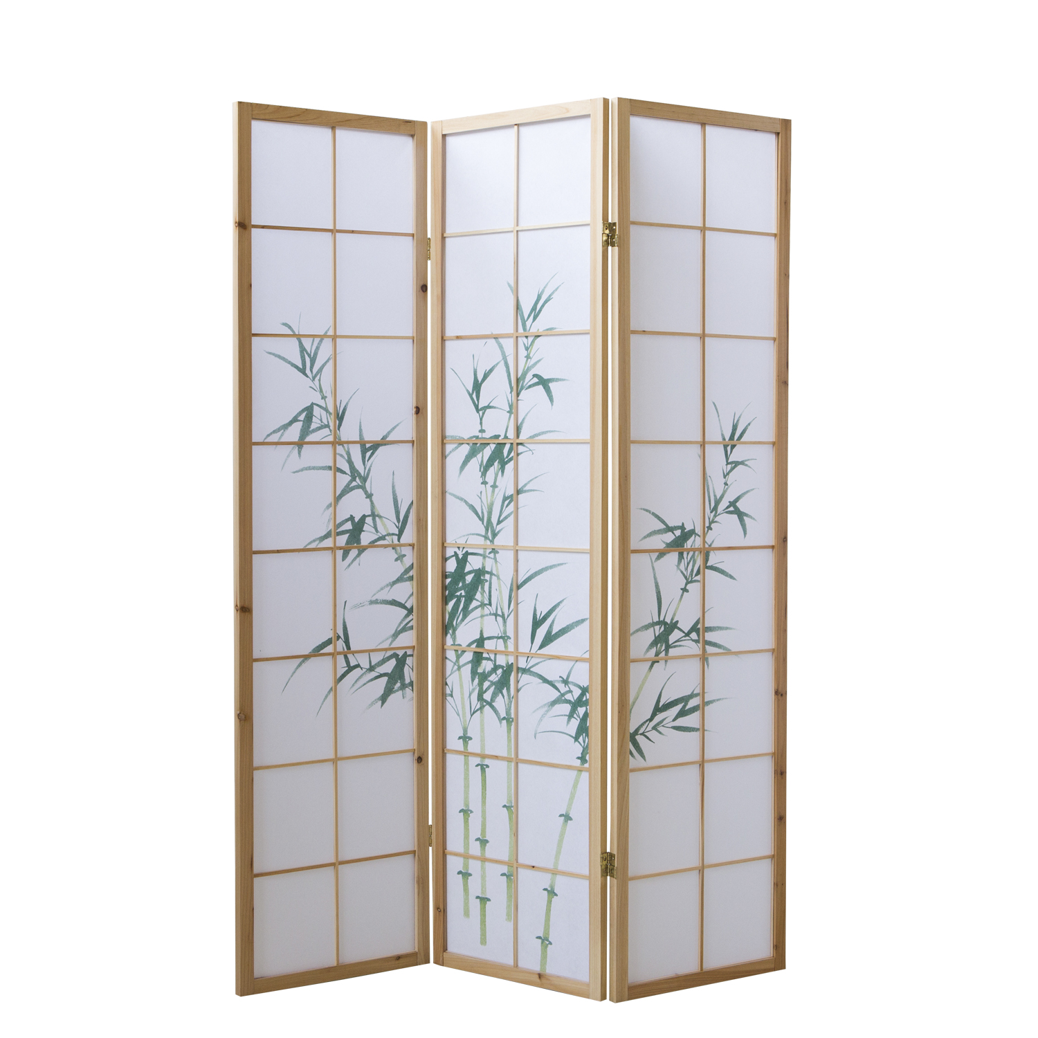 Paravent Séparation de pièce 3 éléments, bois naturel, papier de riz blanc, motif bambou, hauteur 175 cm	