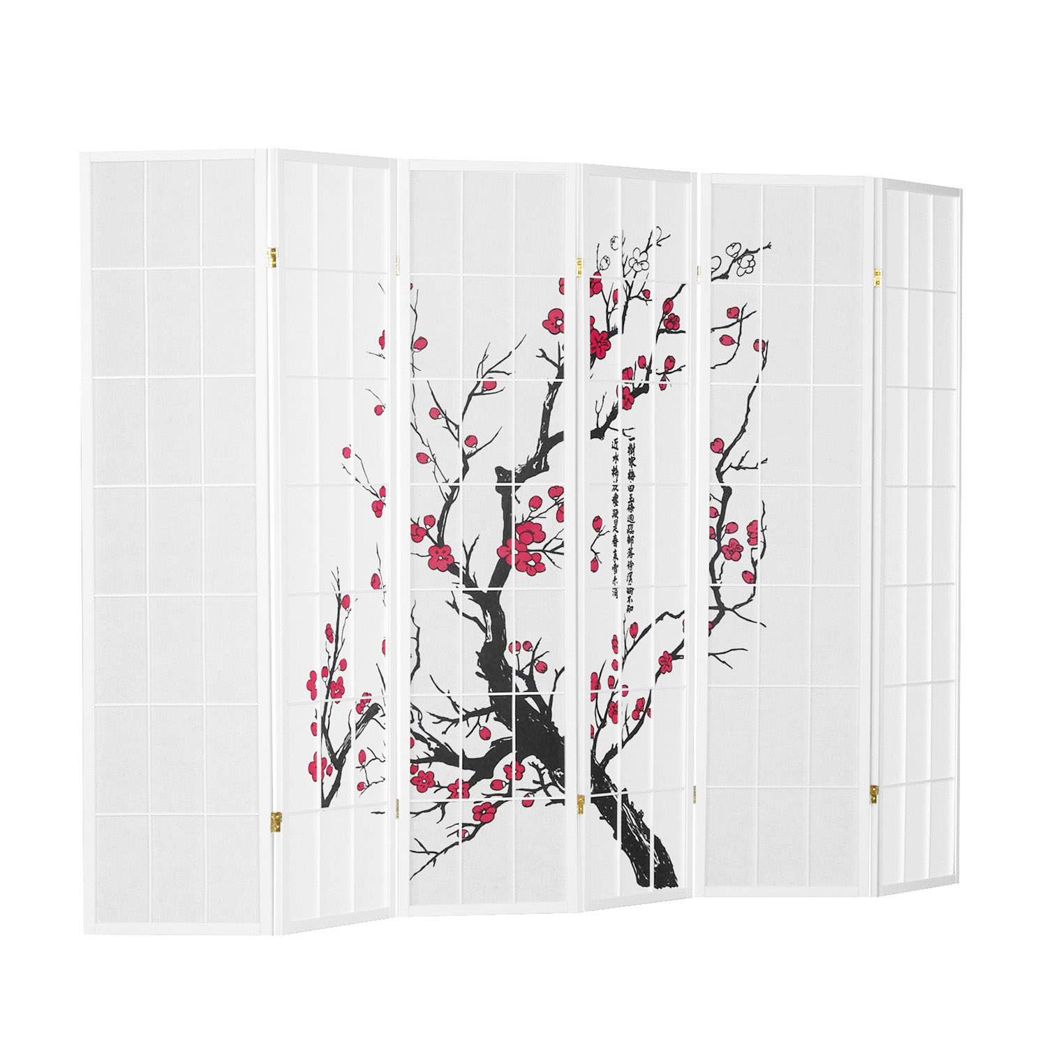 Paravent White Cherry Pattern | Rice Paper White | 6-panel | Wood | Room Divider Partition Privacy Screen