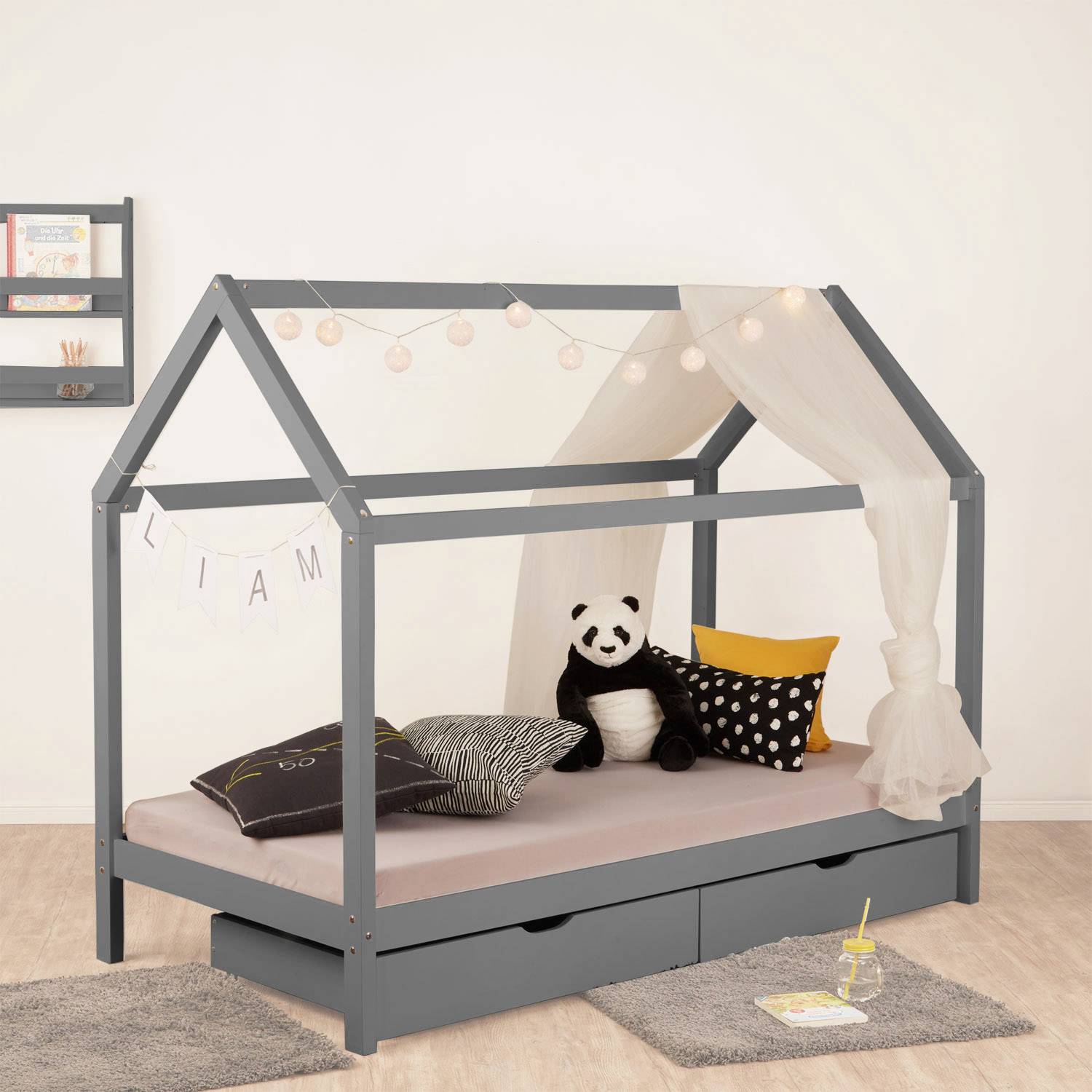 Childrens Bed with Mattress House Bed Frame For Kids 90x200 cm Grey With Drawers