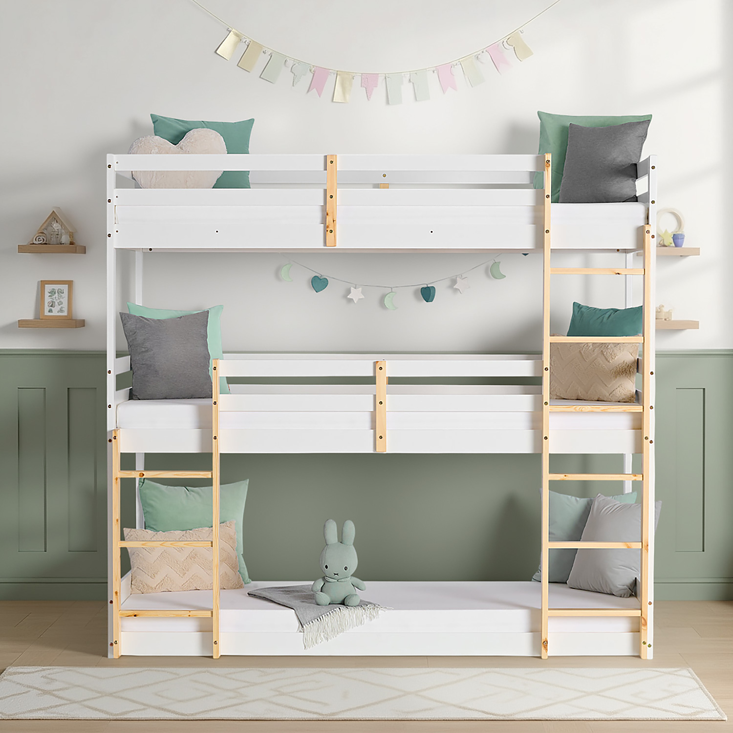 3-tier bunk bed, white/natural, 90x200 cm, with slatted base