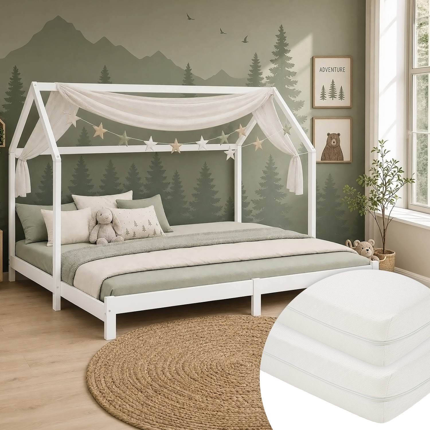 Children's Bed with Pull Out Bed 2 Mattresses 90x200 cm House Bed Treehouse Bed Children's Single Bed Wooden Frame White Trundle Bed Slats
