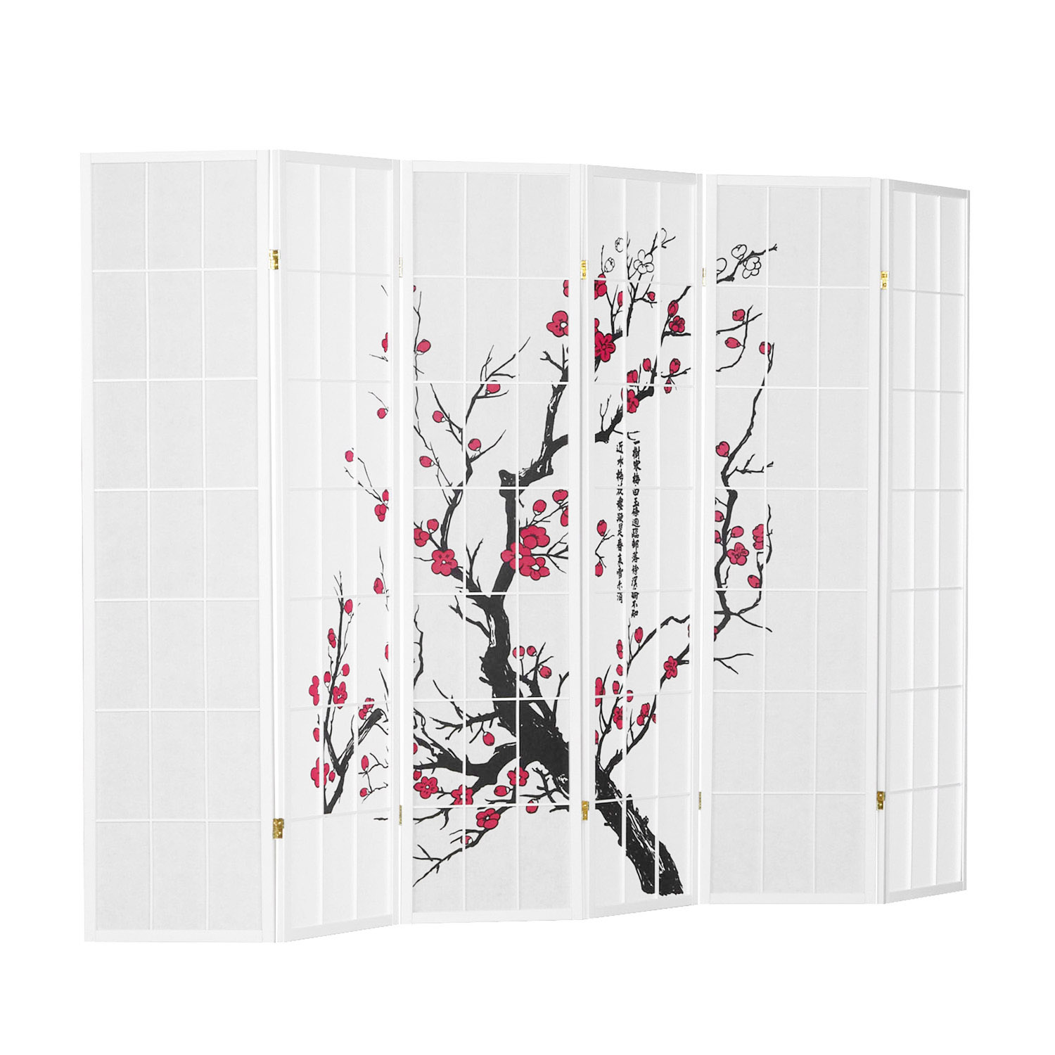 Screen room divider, 6 parts, wood rice paper white, cherry pattern, height 179 cm