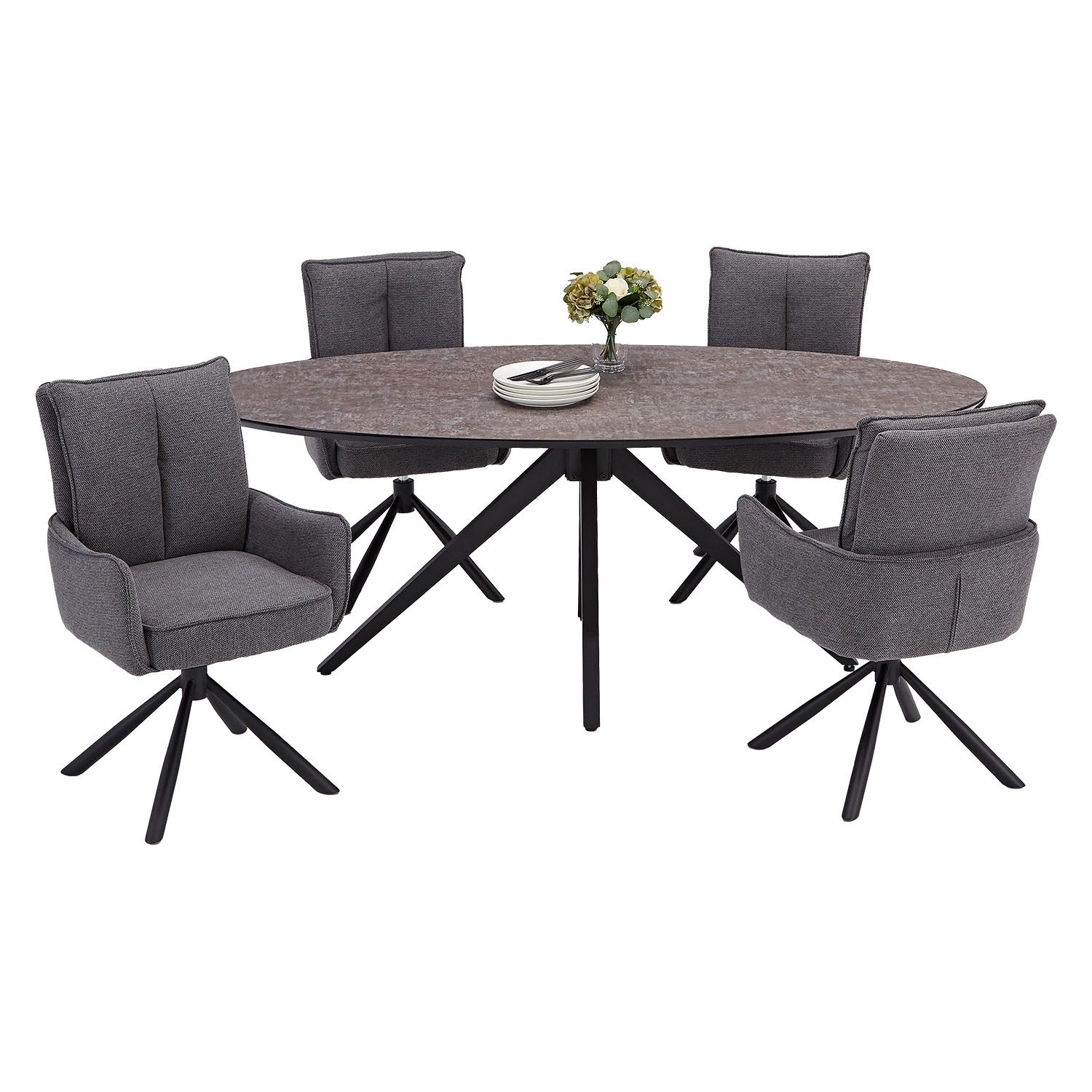 Dining set | 4-piece set upholstered chairs anthracite with armrest | swivel | dining table brown metal frame oval 200 cm