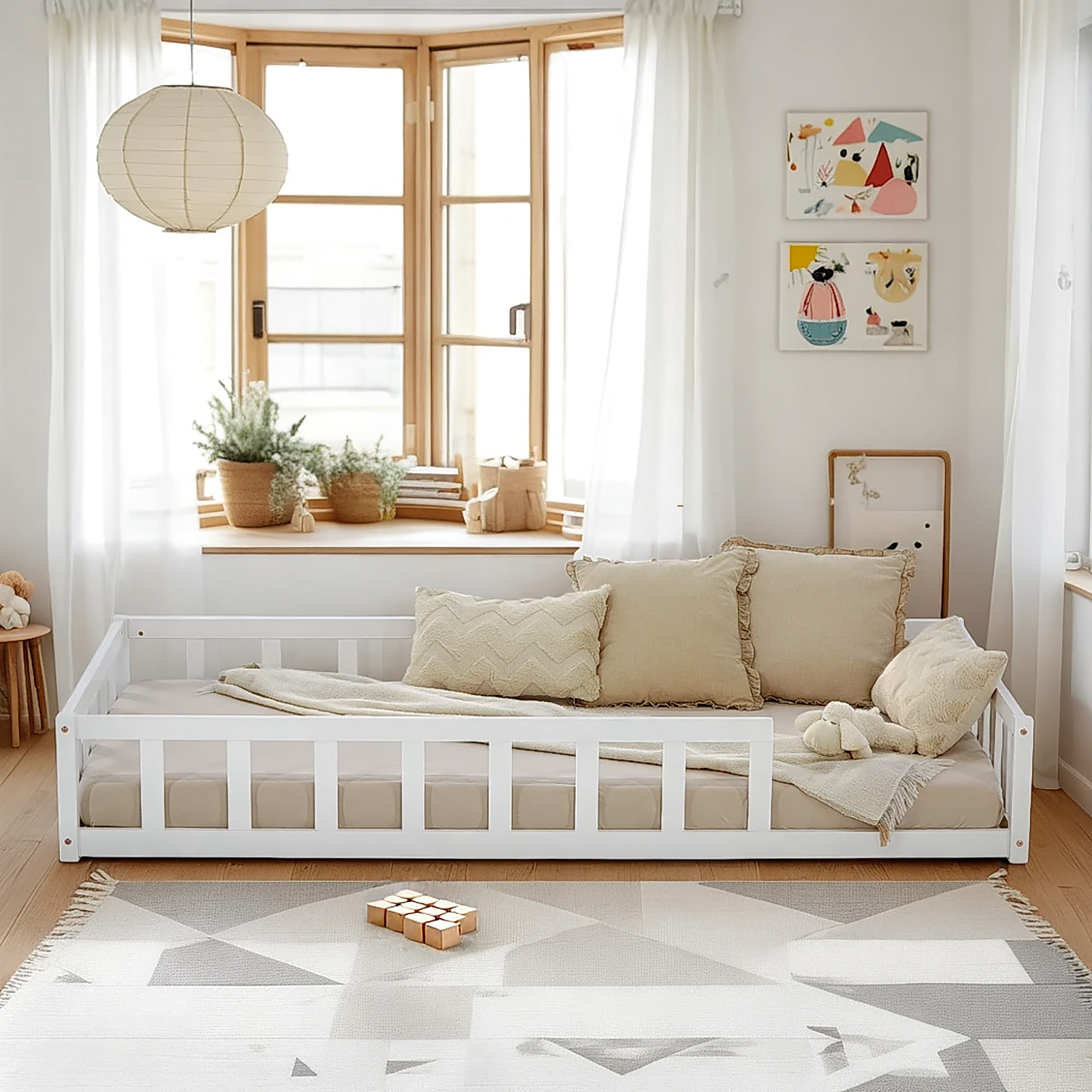 Children's Bed 90x200 White | Floor Bed with Mattress & Slatted Frame | with Fall Protection | Montessori