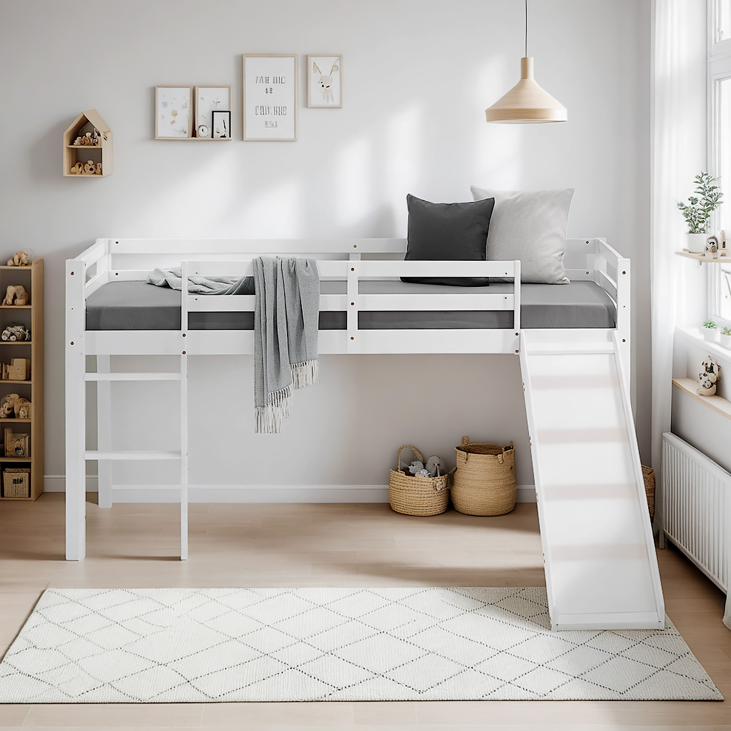 Loft Bed with Mattress Slatted Frame Slide 90x200 cm Children's Bed Bunk Bed White Play Bed