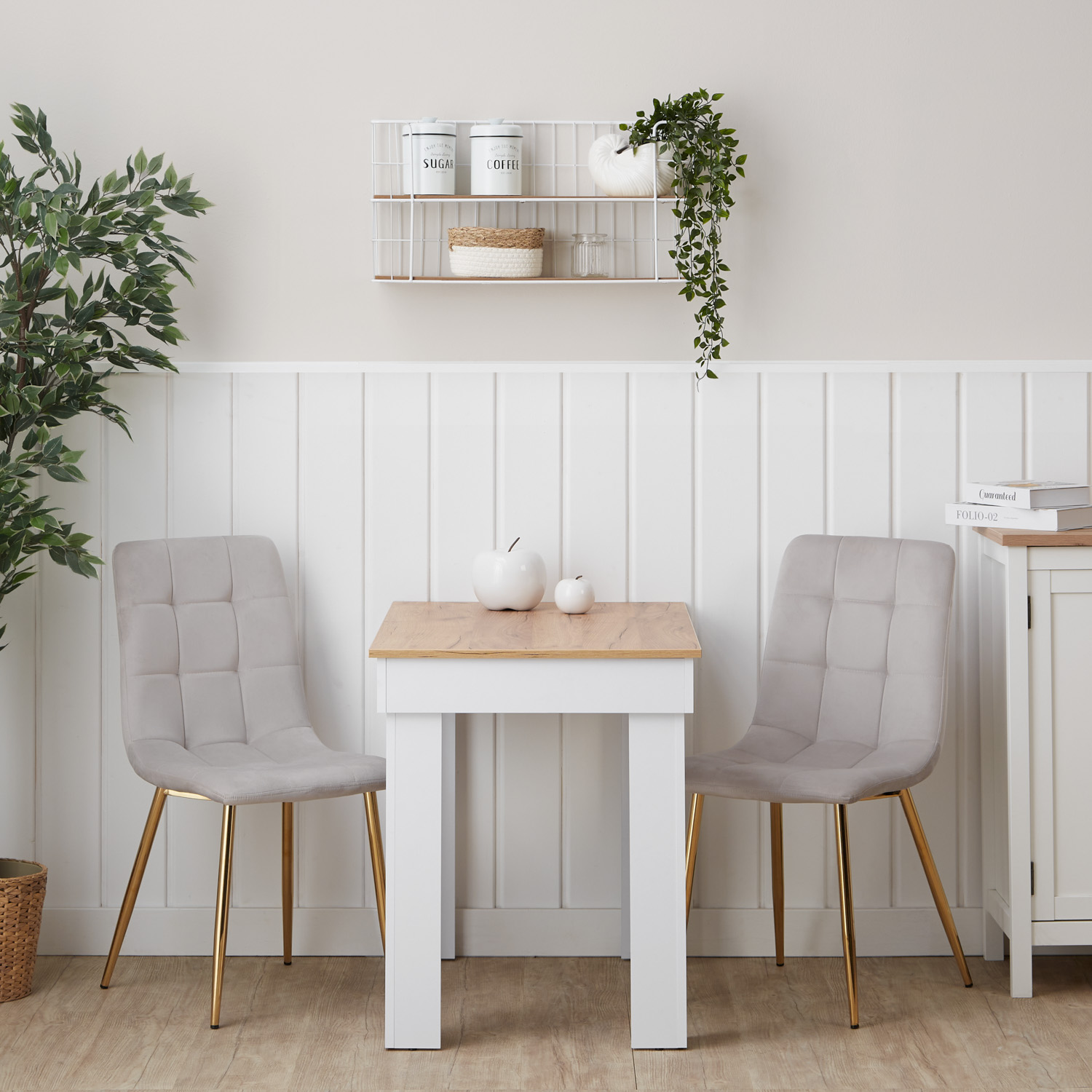 White/oak dining set, 90x60 cm, with 2 light gray velvet chairs and a gold frame