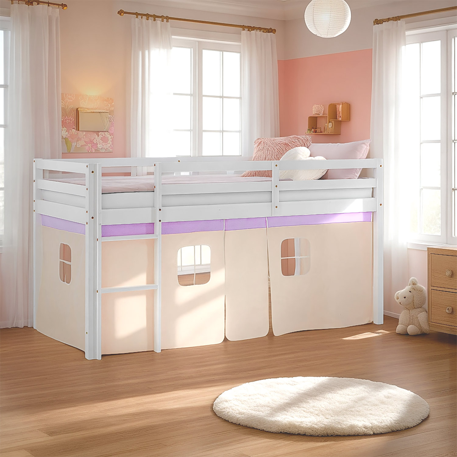 Children's Loft Bed, 90x200 cm, White with Purple-Beige Curtain | Includes Slatted Base