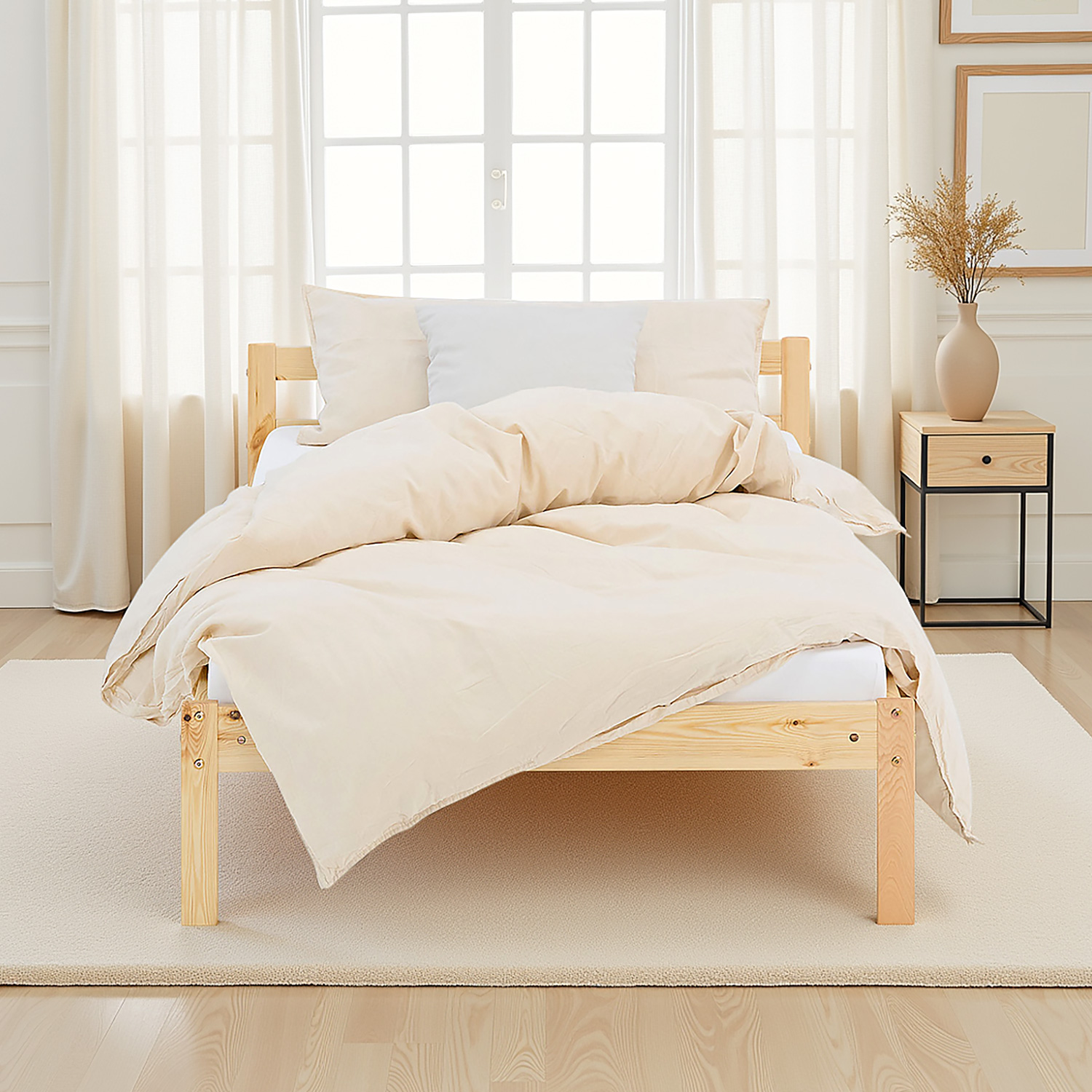 Wooden Bed 90x200 cm Natural – Solid Wood Single Bed with Slatted Base for Teenagers' Rooms, Guest Rooms, and Bedrooms