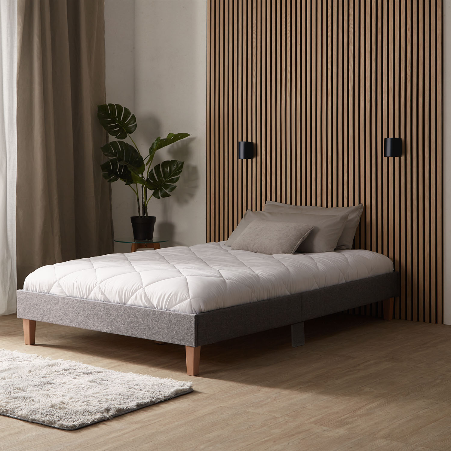 Upholstered Bed 120x200 cm Gray – Futon Bed with Slatted Base & Mattress | Modern Fabric Bed