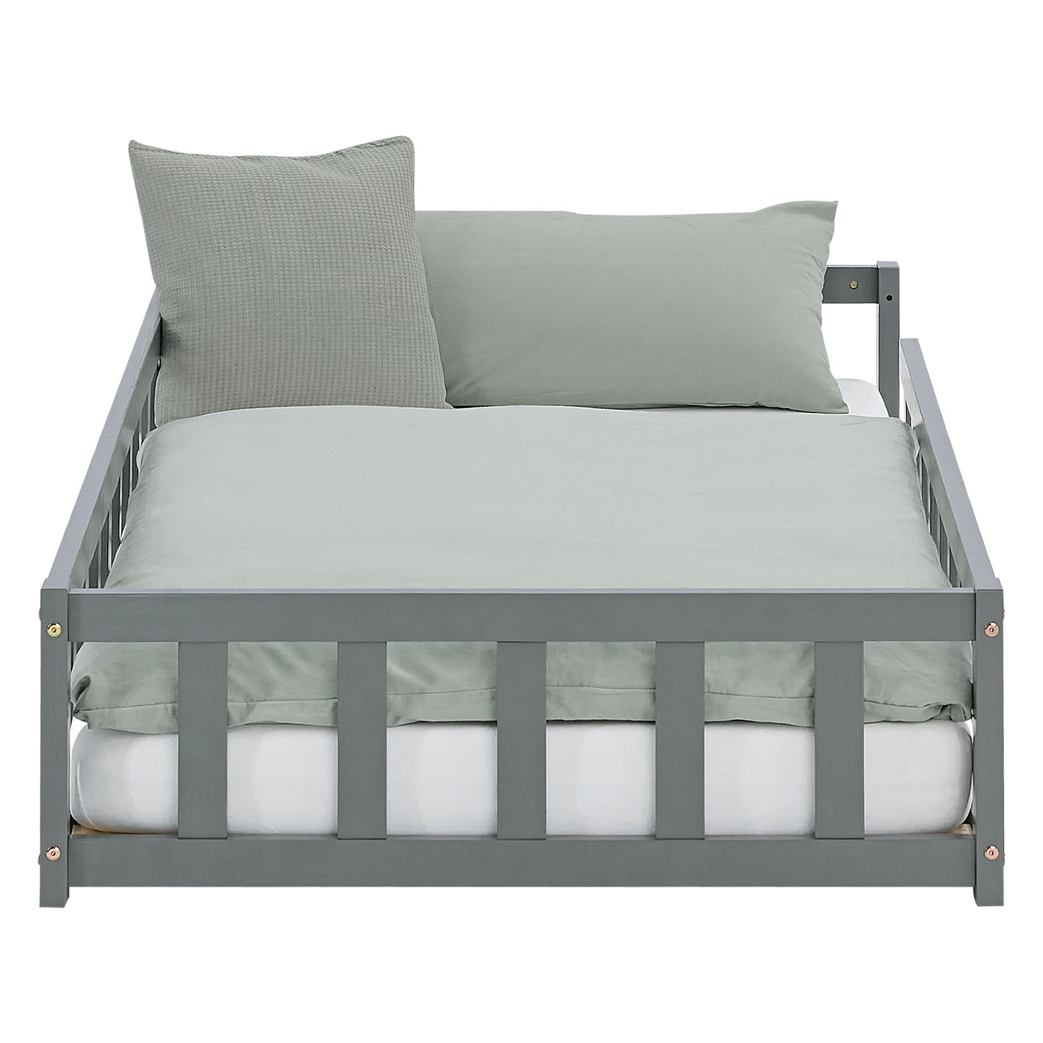 Children's Bed 90x200 Grey | Floor Bed with Mattress & Slatted Frame | with Fall Protection | Montessori