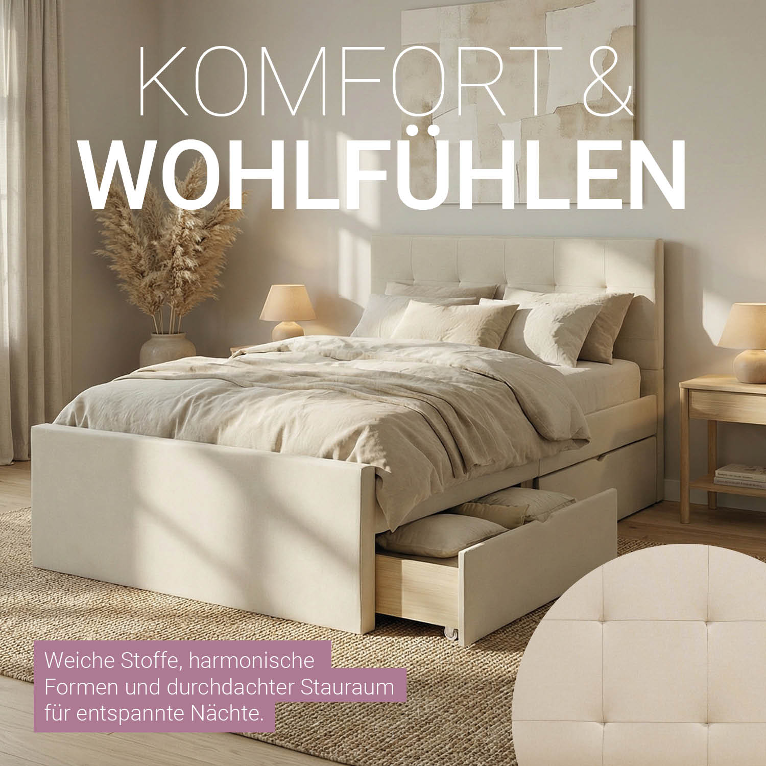 Polsterbett 120x200 mit Bettkasten & Lattenrost – Stoffbett Beige