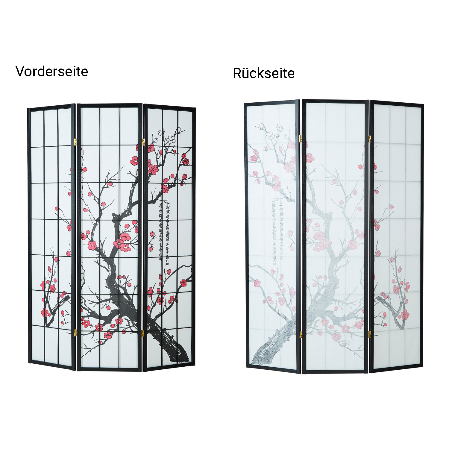 Paravent Black Cherry Pattern | Rice Paper White | 3-panel | Wood | Room Divider Partition Privacy Screen