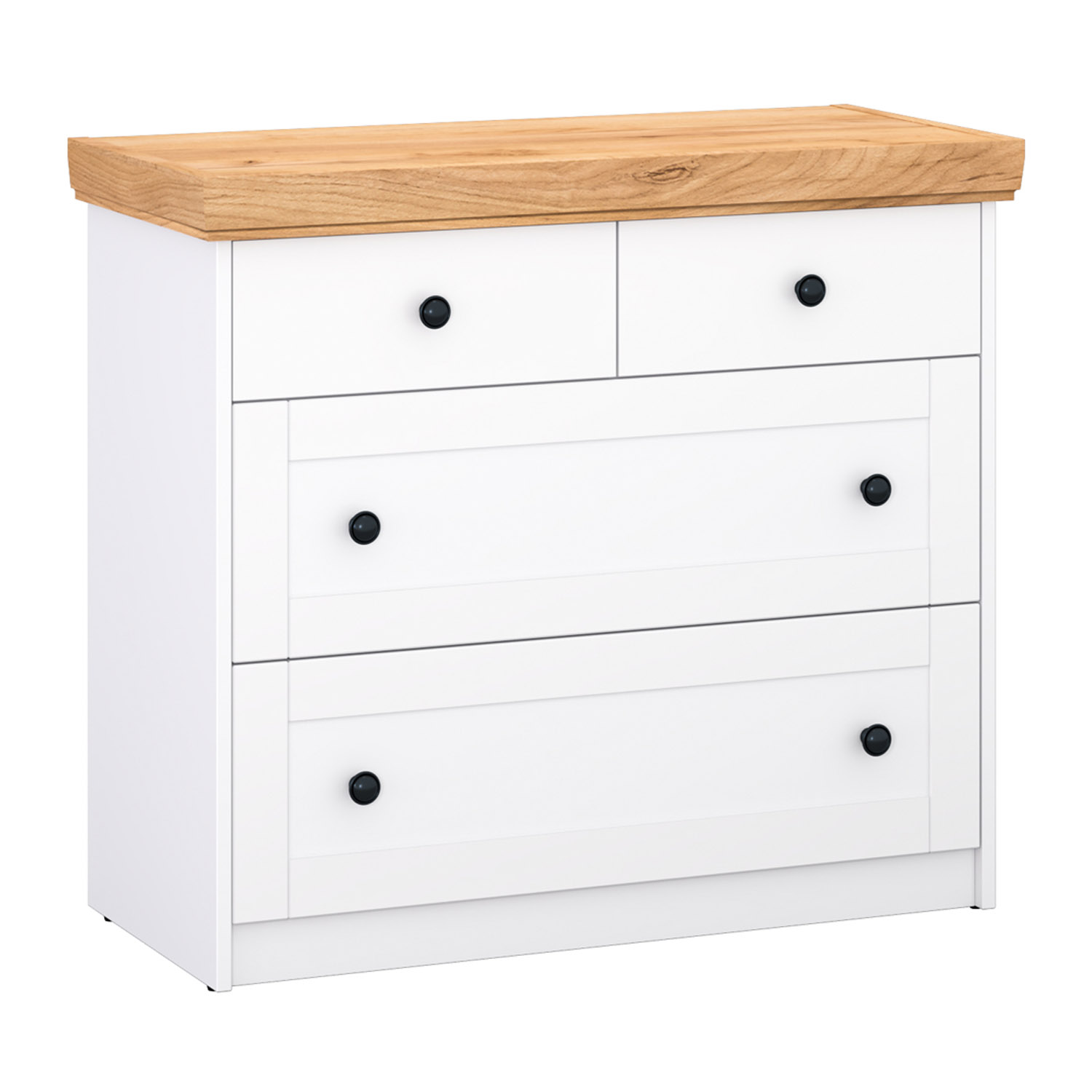 Highboard in Weiß mit Oberflächen in Eichenoptik und Schubladenstauraum. In der eingerichteten Szene sind ein Holzfußboden, eine dunkle Wand, ein grünes Sofa, Bilderrahmen und eine Stehleuchte zu sehen.