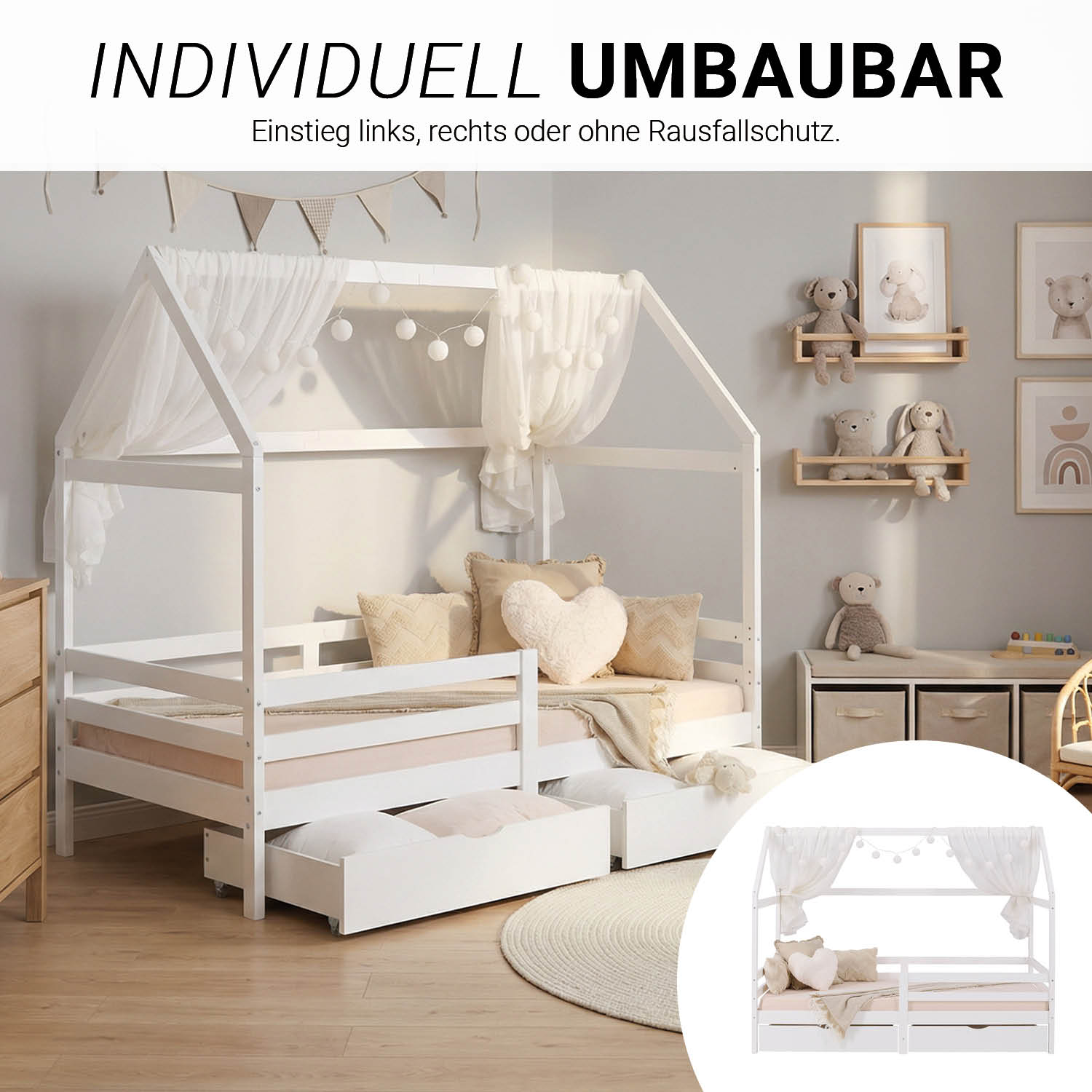 Children's Bed 90x200 cm White | House Bed with Fall Protection and Bed Drawer | Montessori | Single Bed | with Slatted Frame | Wood