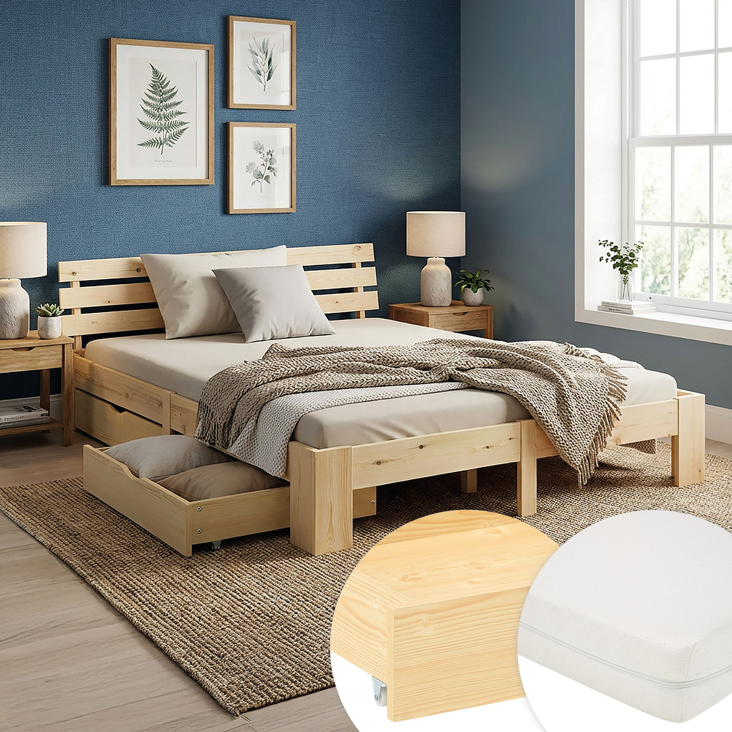 Wood Bed 140x200 cm Natural | Double Bed with Storage 2 Drawers | with Mattress | Solid | Kids Youth Guest Bedroom