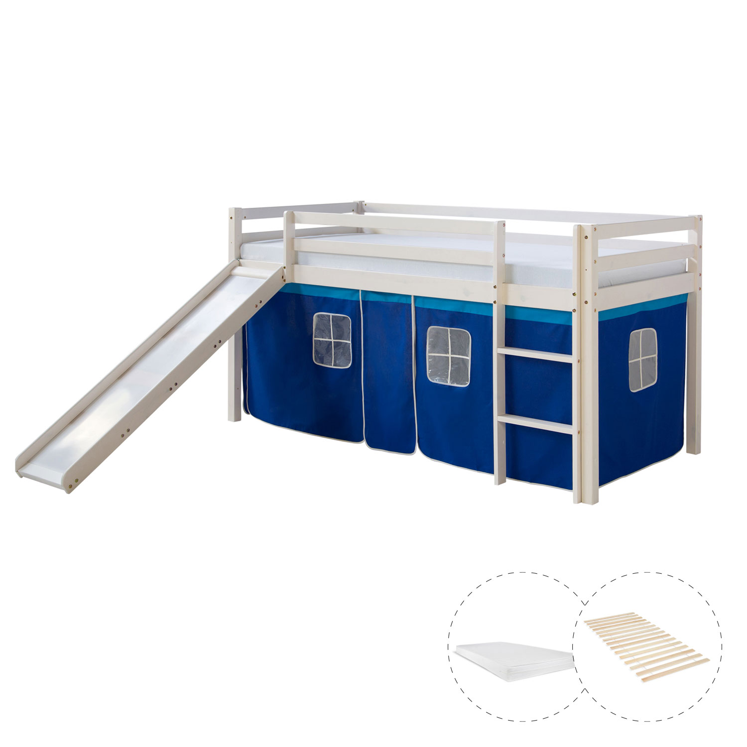 Loftbed 90x200 cm with Slide Mattress Bunk bed Childrens bed Solid Pine Wood Slats Curtain Blue