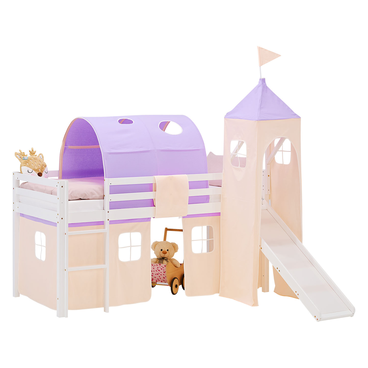 Kinderhochbett in Lila mit Elementen aus Kiefernholz, Lattenrost, Matratze, Rutsche, Spielturm, Spieltunnel und Spielvorhang. Das weiße Hochbett ist mit Matratze und Kissen vor weißem Hintergrund abgebildet. Sichtbar sind eine Leiter, seitliche Schutzgitt