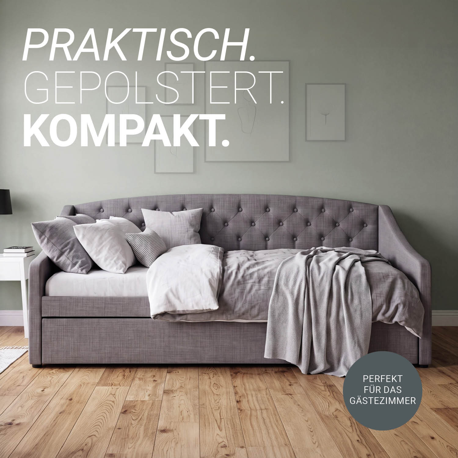 Upholstered Bed 90x200 cm Gray with Storage – Daybed & Pull-Out Guest Bed